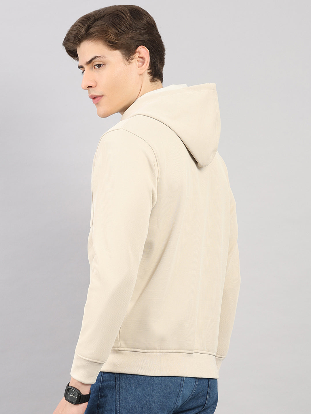 Men Beige Self Design Hooded Full Sleeve Sweatshirt