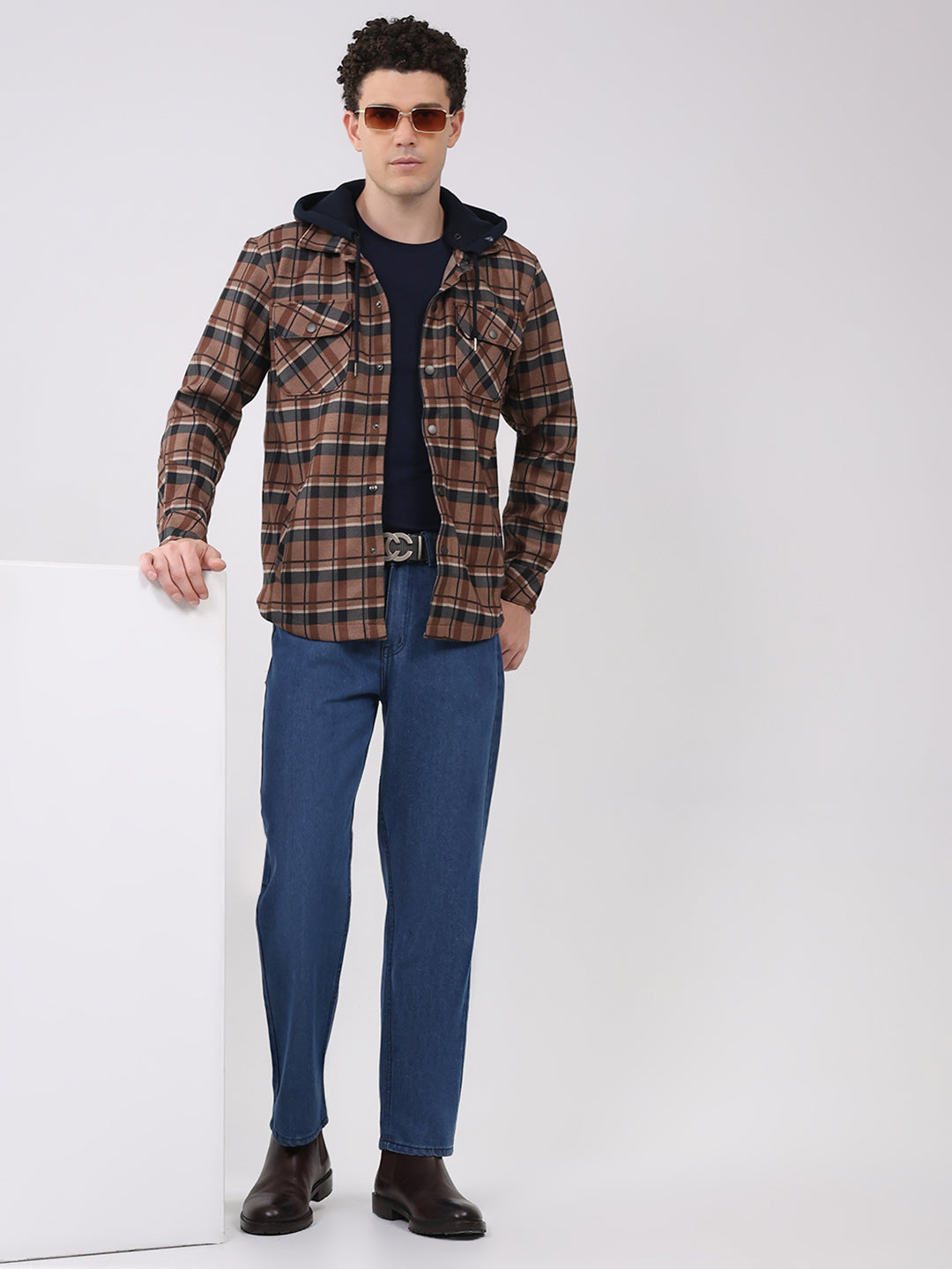 Men Brown Self Design Hooded Full Sleeve Sweatshirt