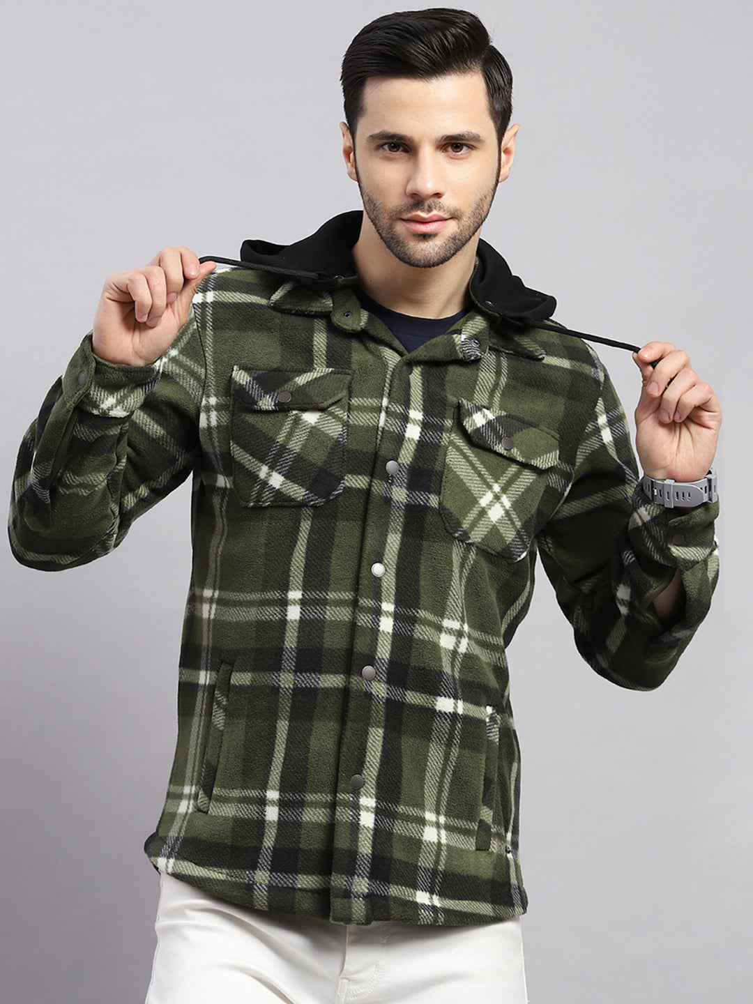 Men Green Self Design Hooded Extra-Warm Full Sleeve Shacket