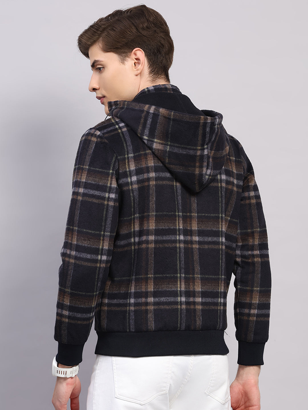 Men Blue Solid Hooded Full Sleeve Jacket