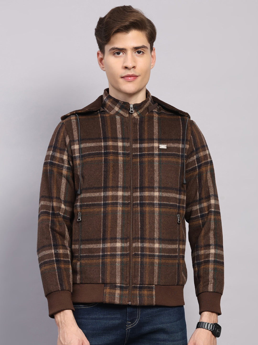 Men Brown Solid Hooded Full Sleeve Jacket