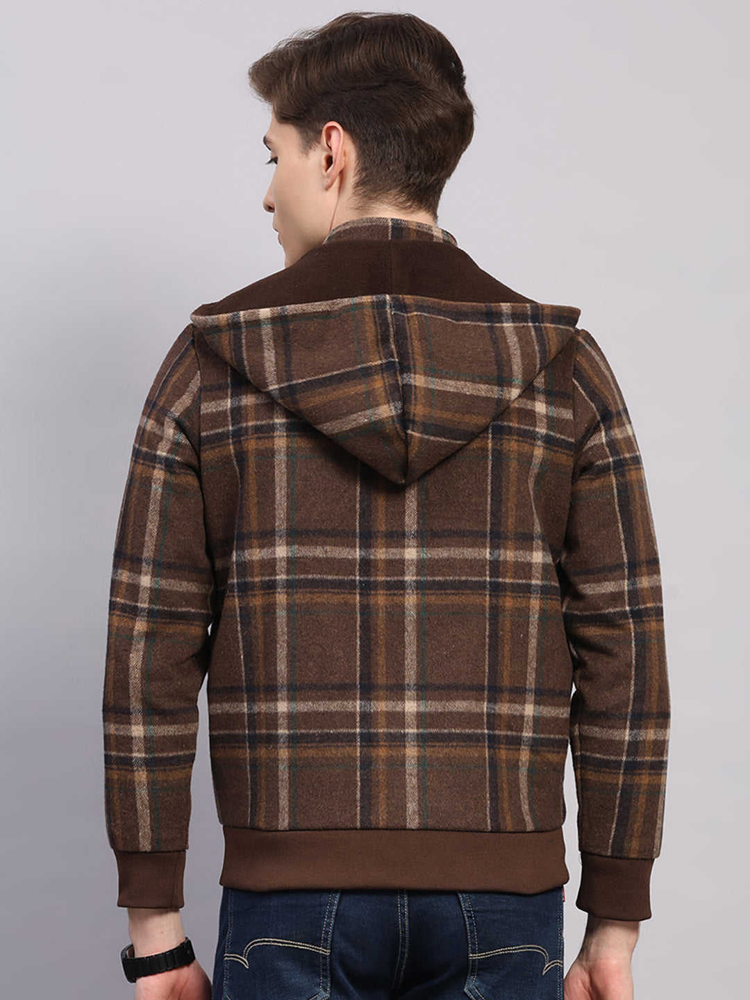 Men Brown Solid Hooded Full Sleeve Jacket