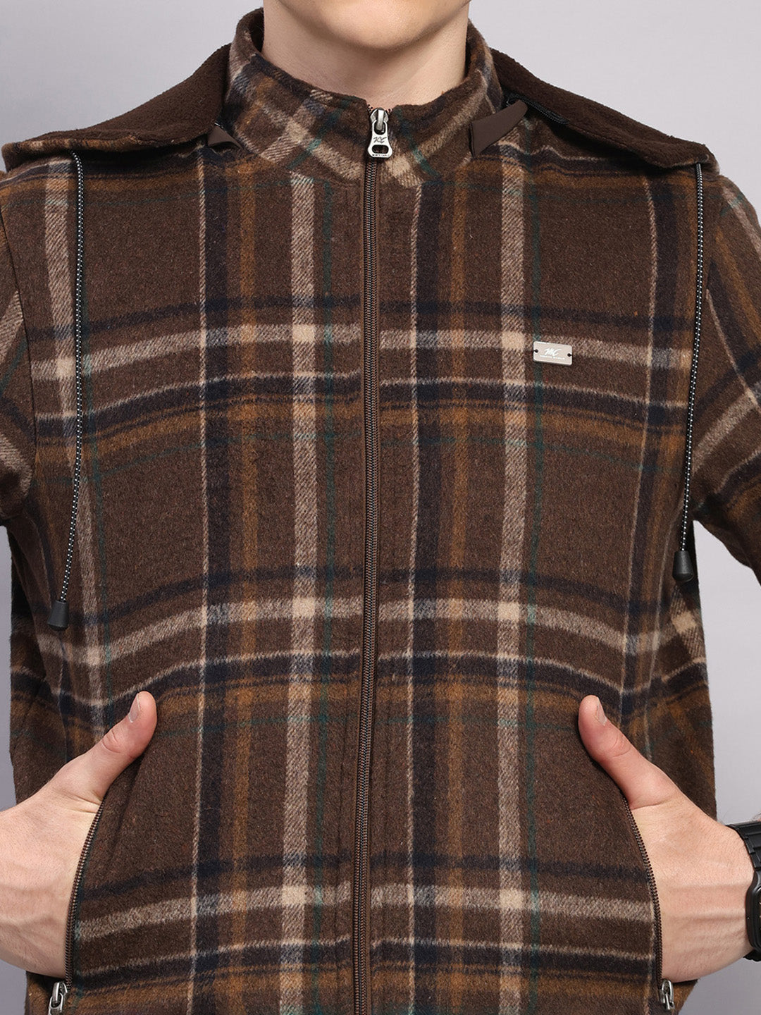 Men Brown Solid Hooded Full Sleeve Jacket