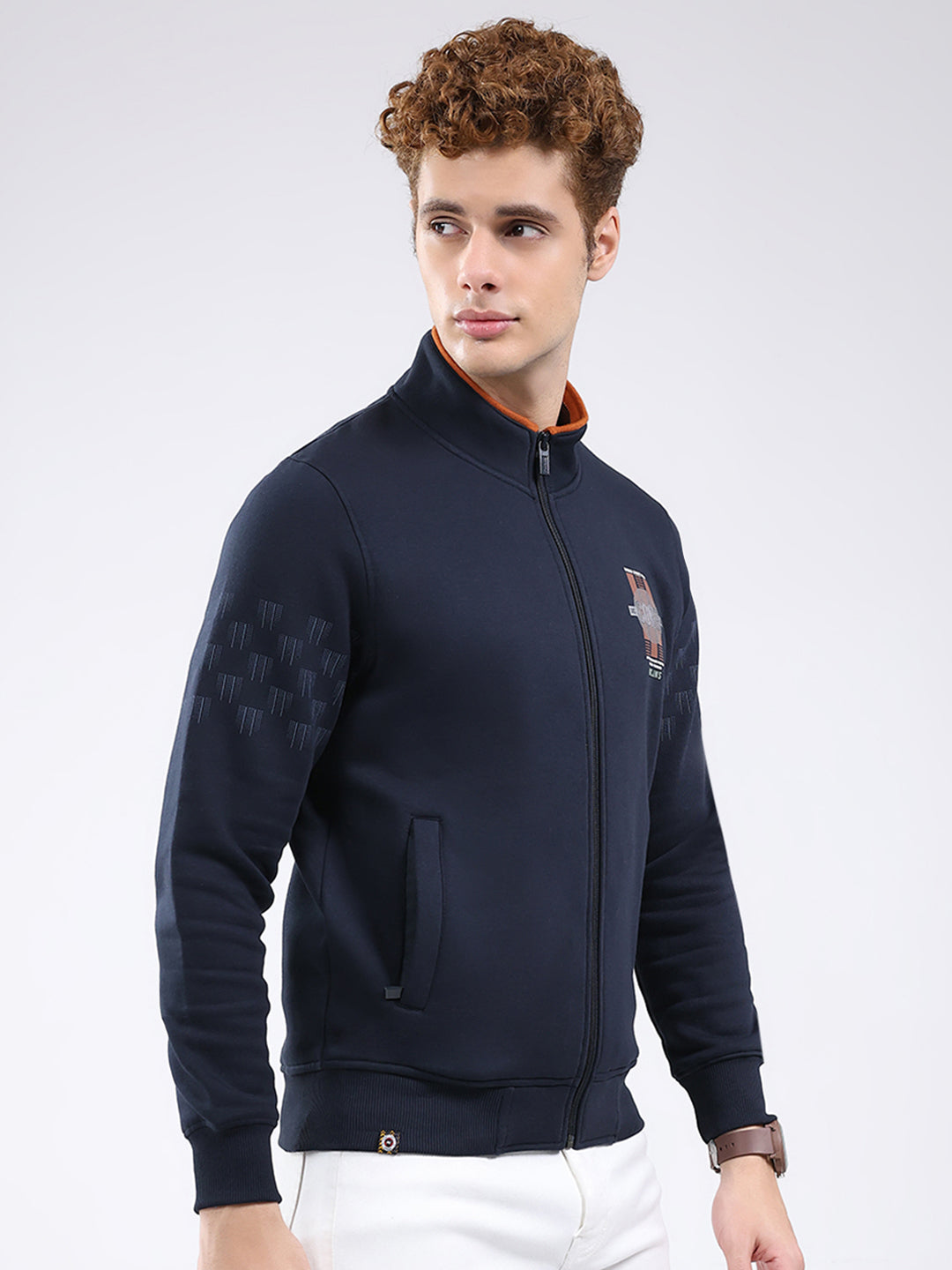 Men Navy Blue Printed Mock Neck Full Sleeve Sweatshirt