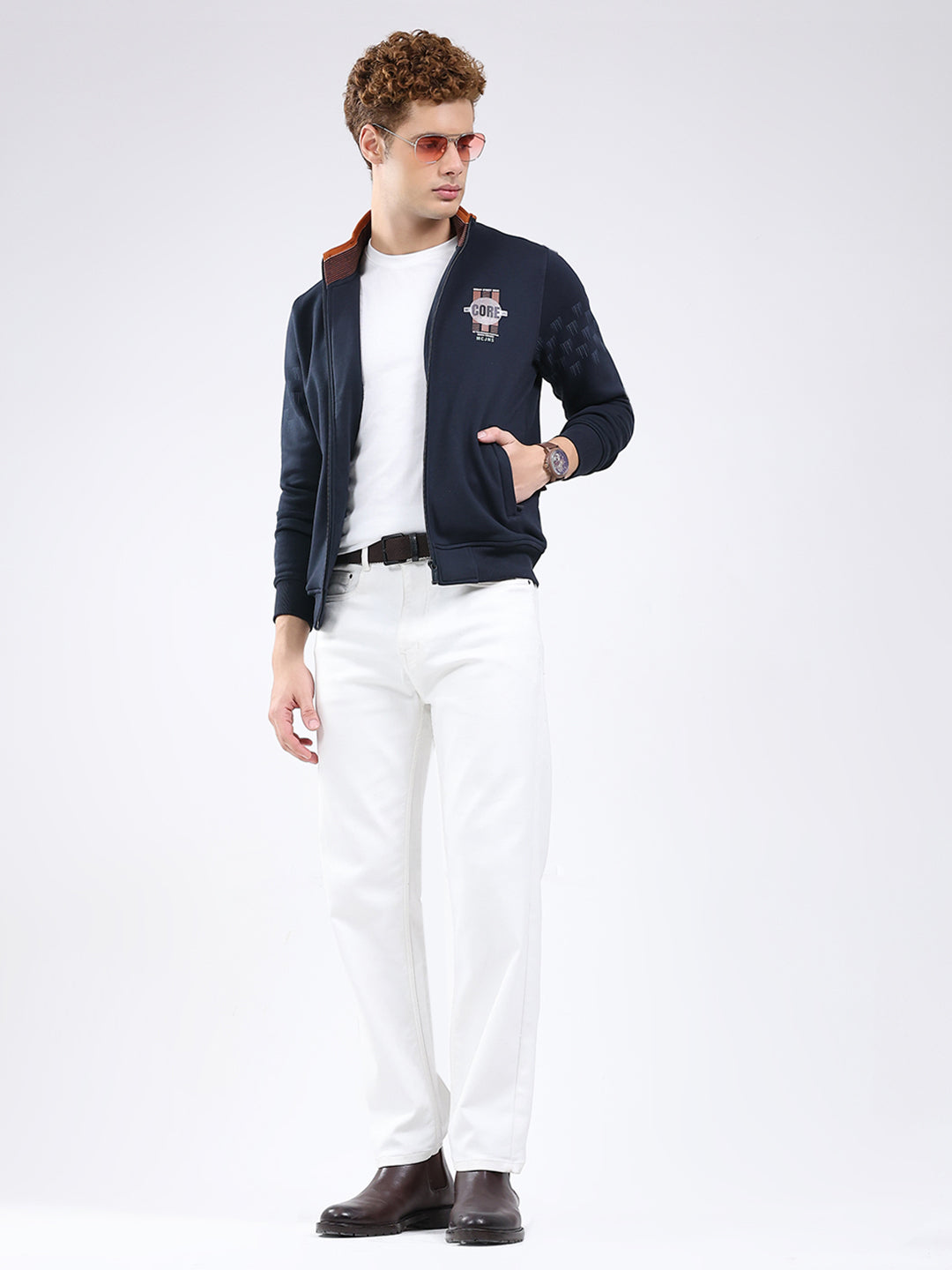 Men Navy Blue Printed Mock Neck Full Sleeve Sweatshirt