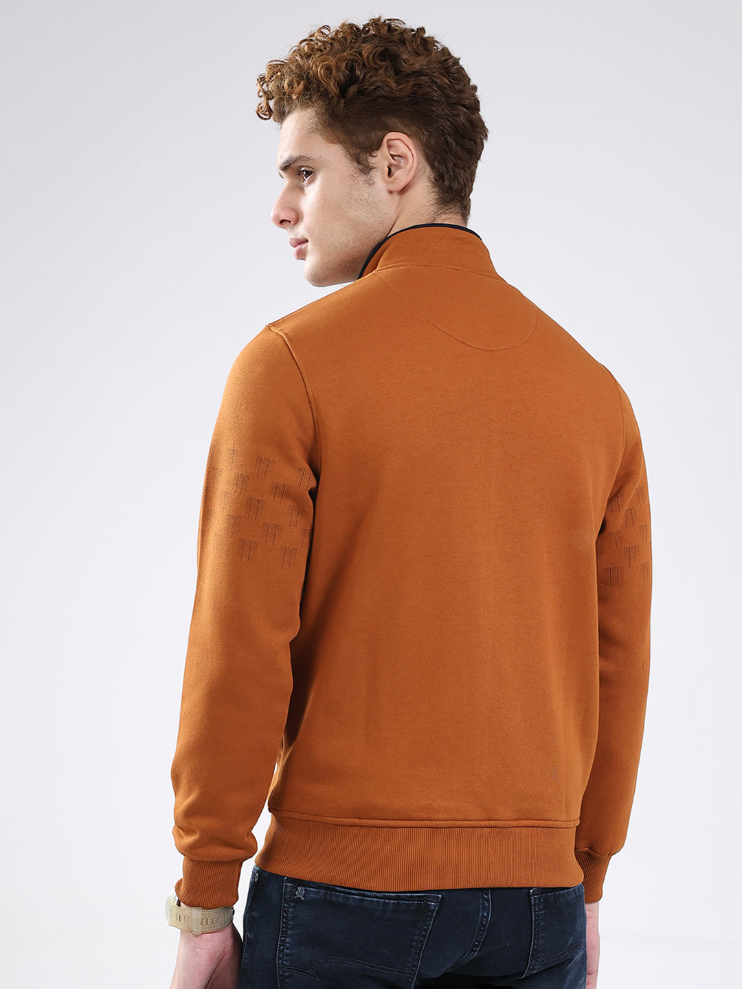 Men Rust Printed Mock Neck Full Sleeve Sweatshirt