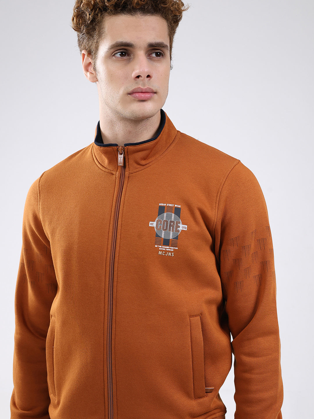 Men Rust Printed Mock Neck Full Sleeve Sweatshirt