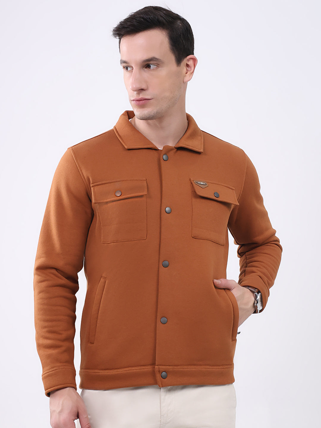 Men Rust Solid Collar Full Sleeve Sweatshirt