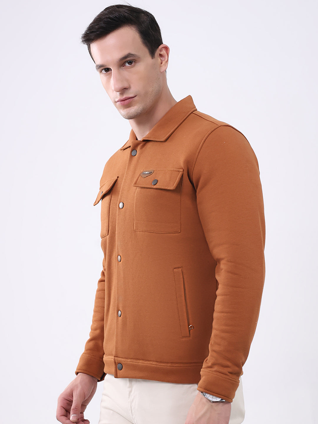 Men Rust Solid Collar Full Sleeve Sweatshirt