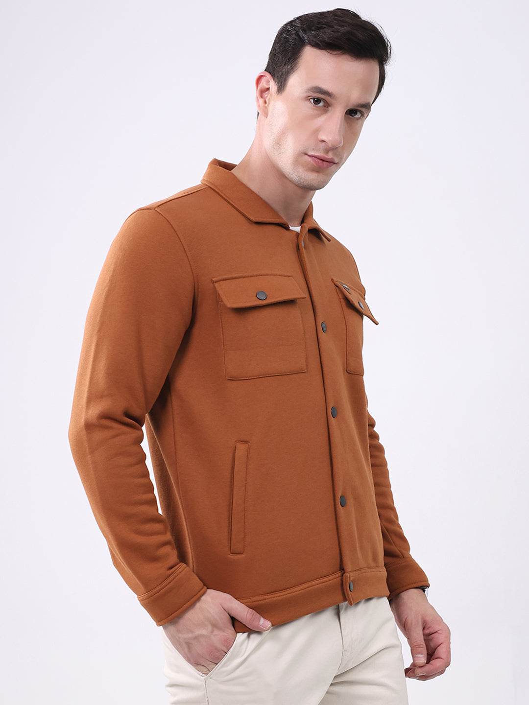 Men Rust Solid Collar Full Sleeve Sweatshirt