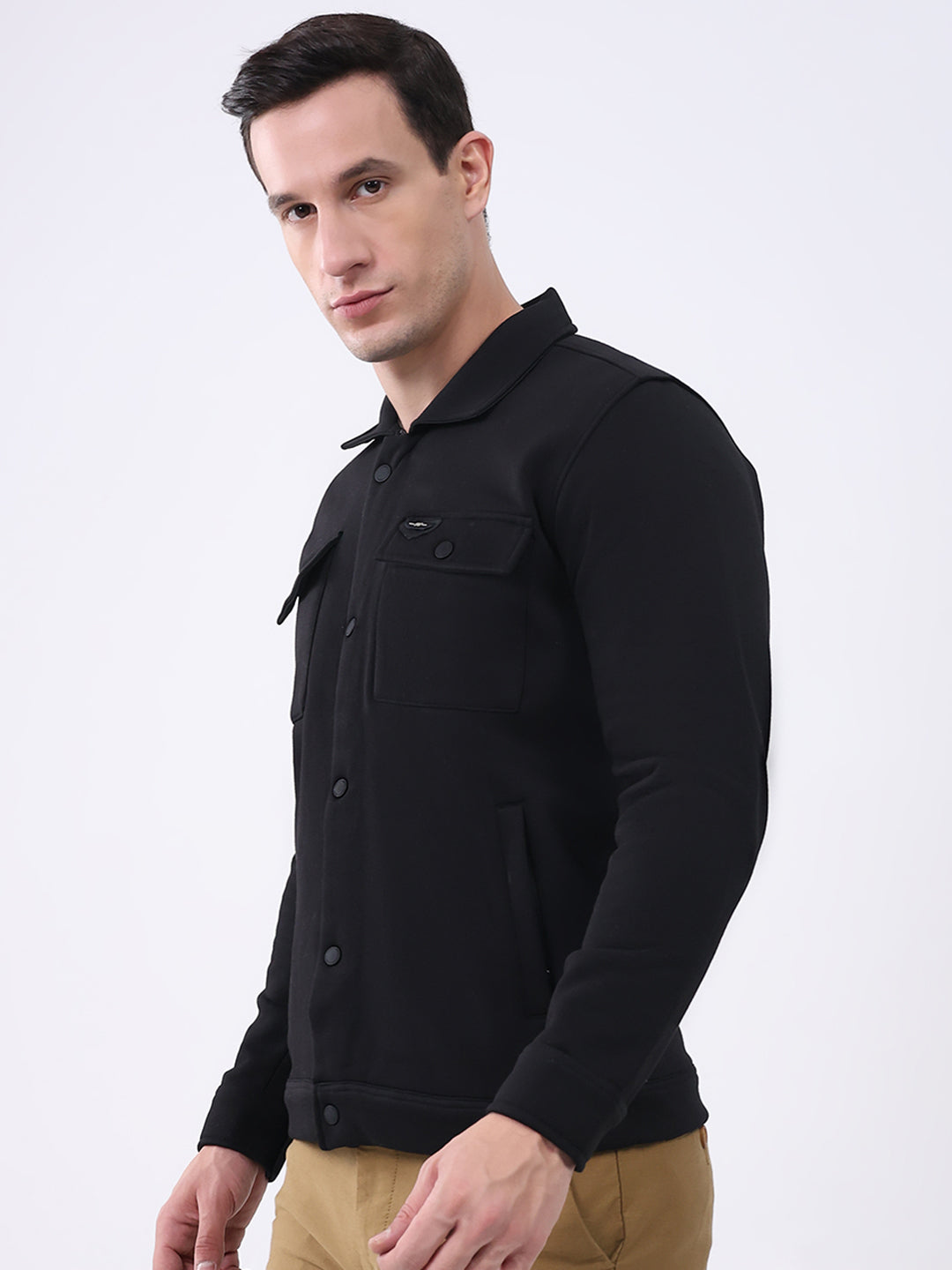 Men Black Solid Collar Full Sleeve Sweatshirt
