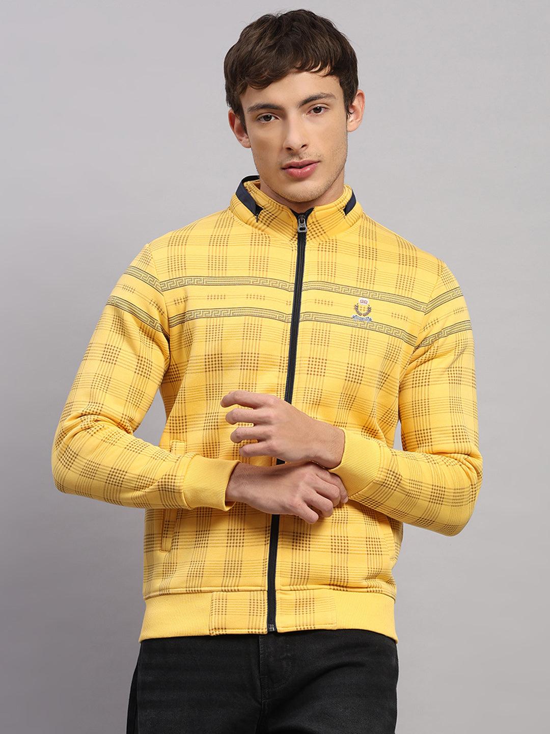 Men Yellow Printed Collar Full Sleeve Sweatshirt