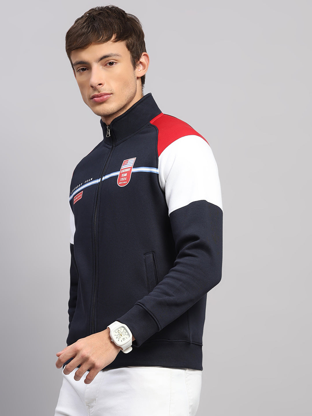 Men Blue Printed Collar Full Sleeve Sweatshirt