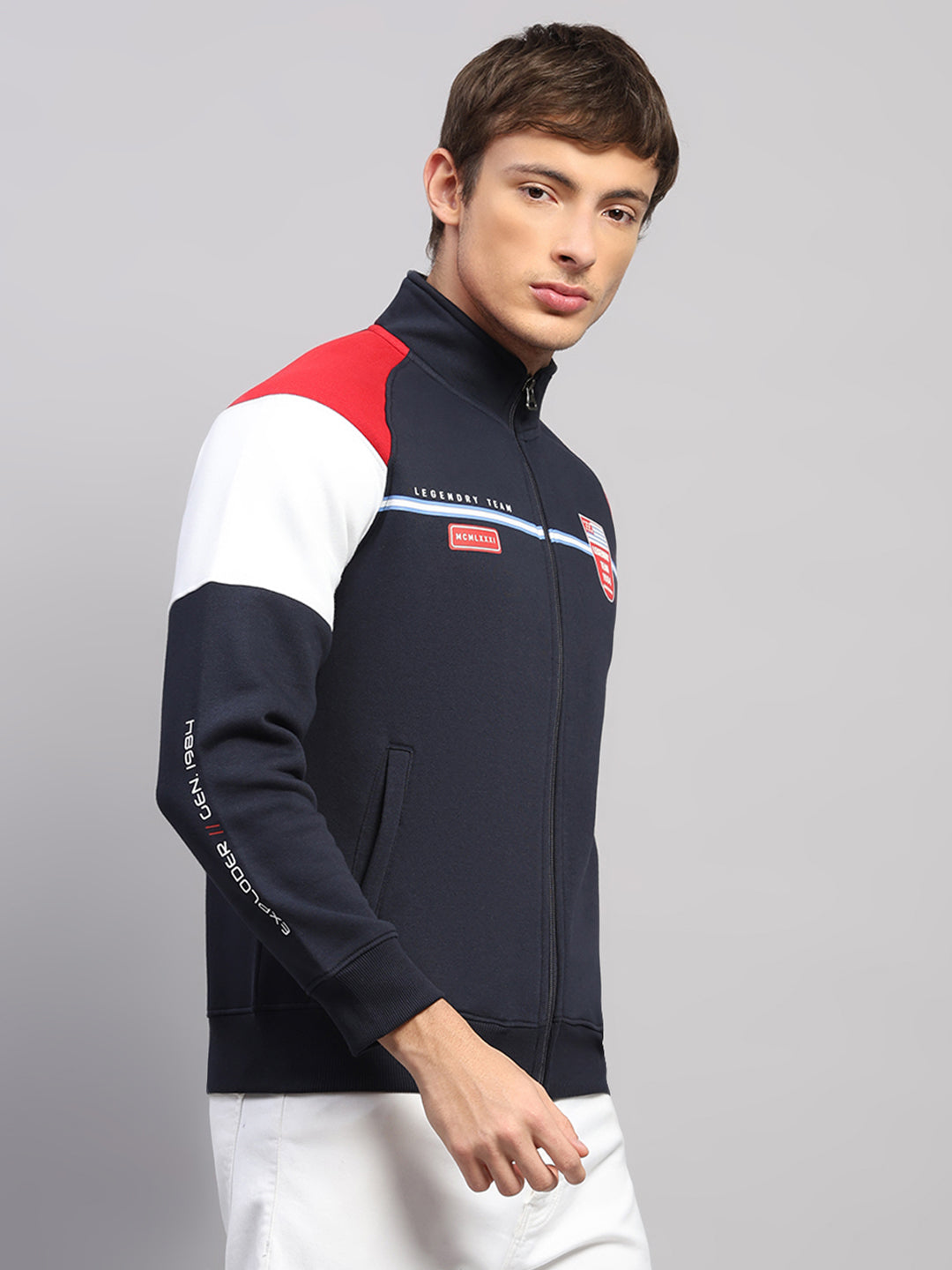 Men Blue Printed Collar Full Sleeve Sweatshirt