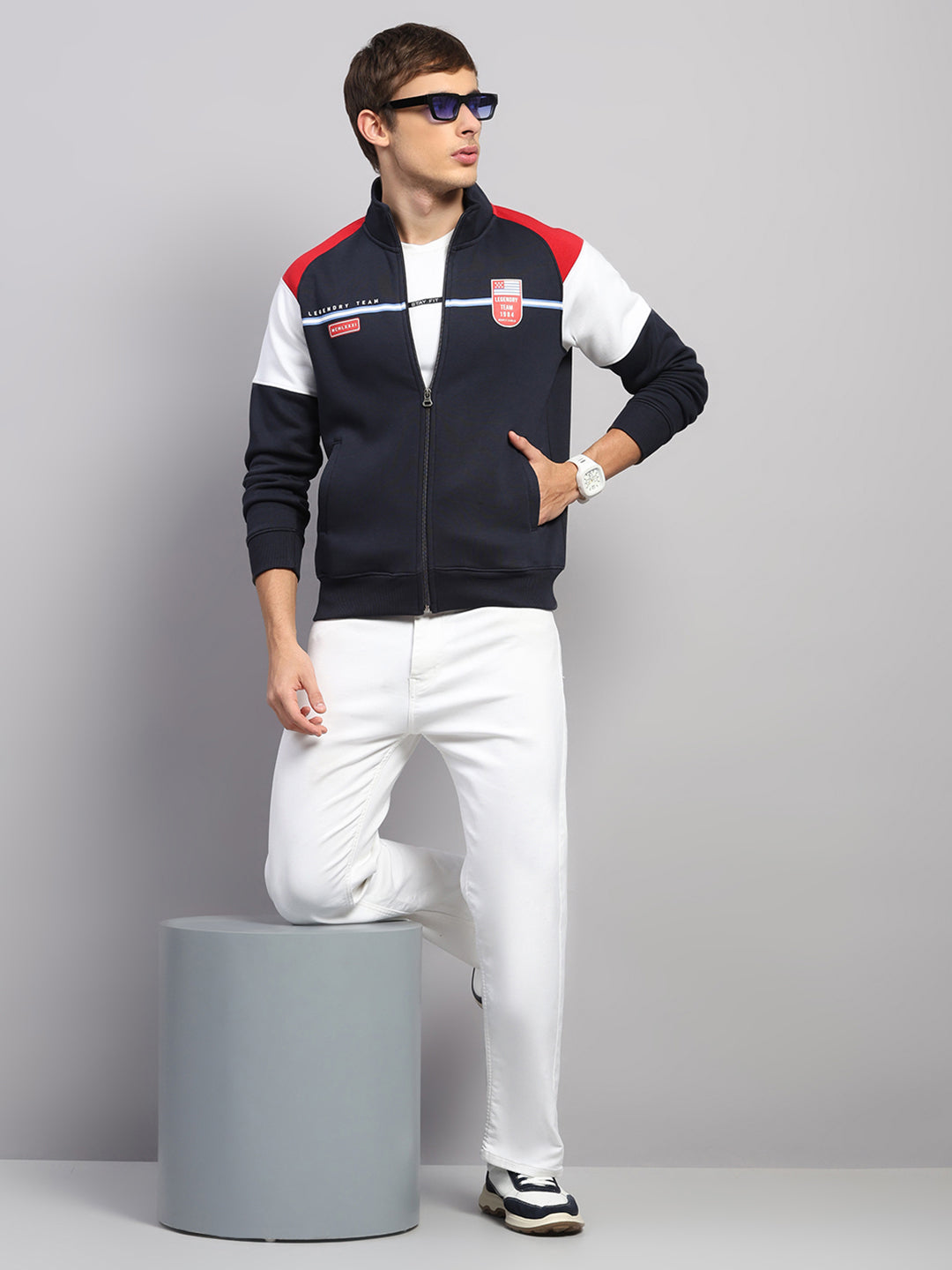 Men Blue Printed Collar Full Sleeve Sweatshirt