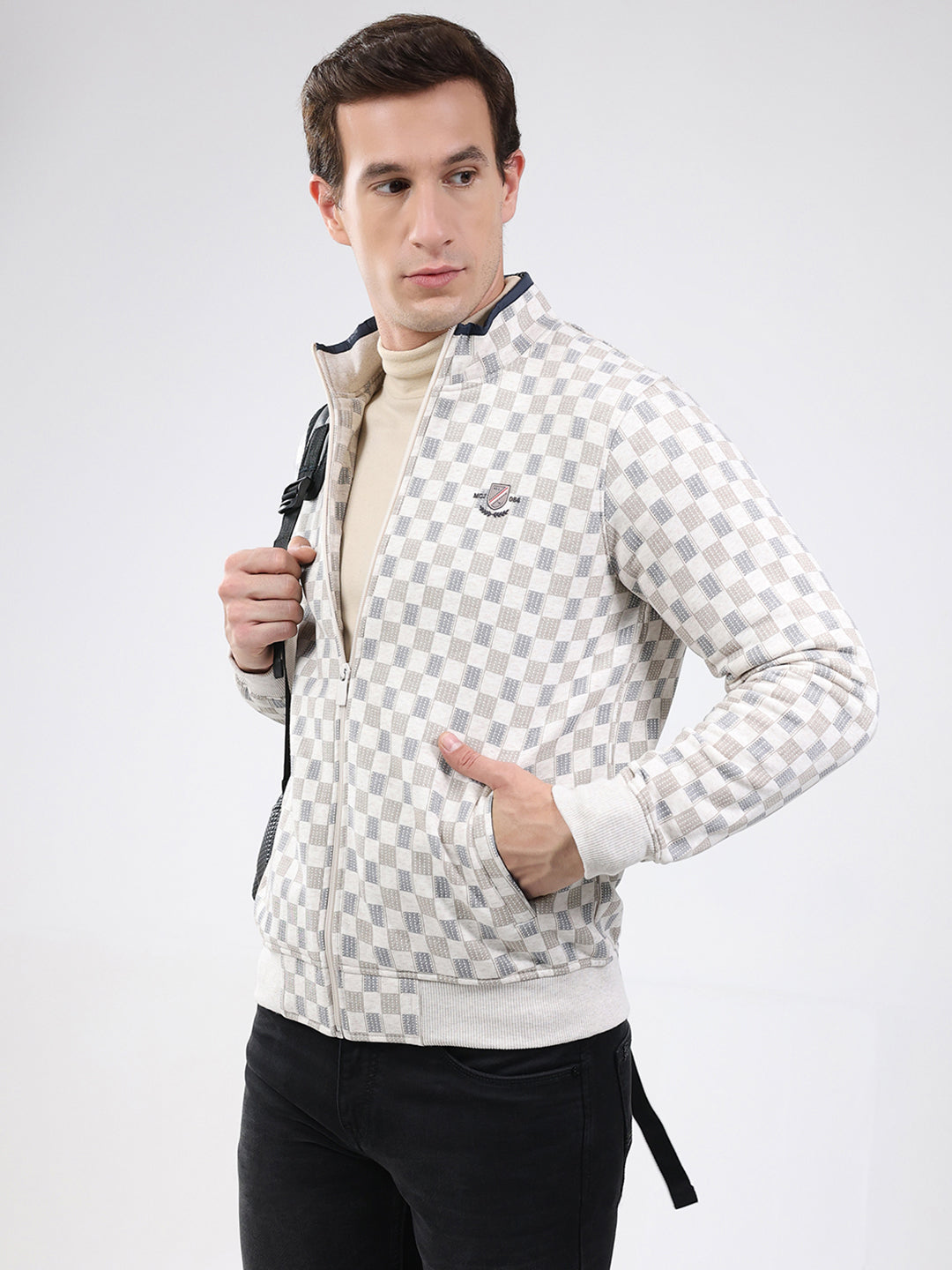 Men Beige Solid Band Neck Full Sleeve Sweatshirt