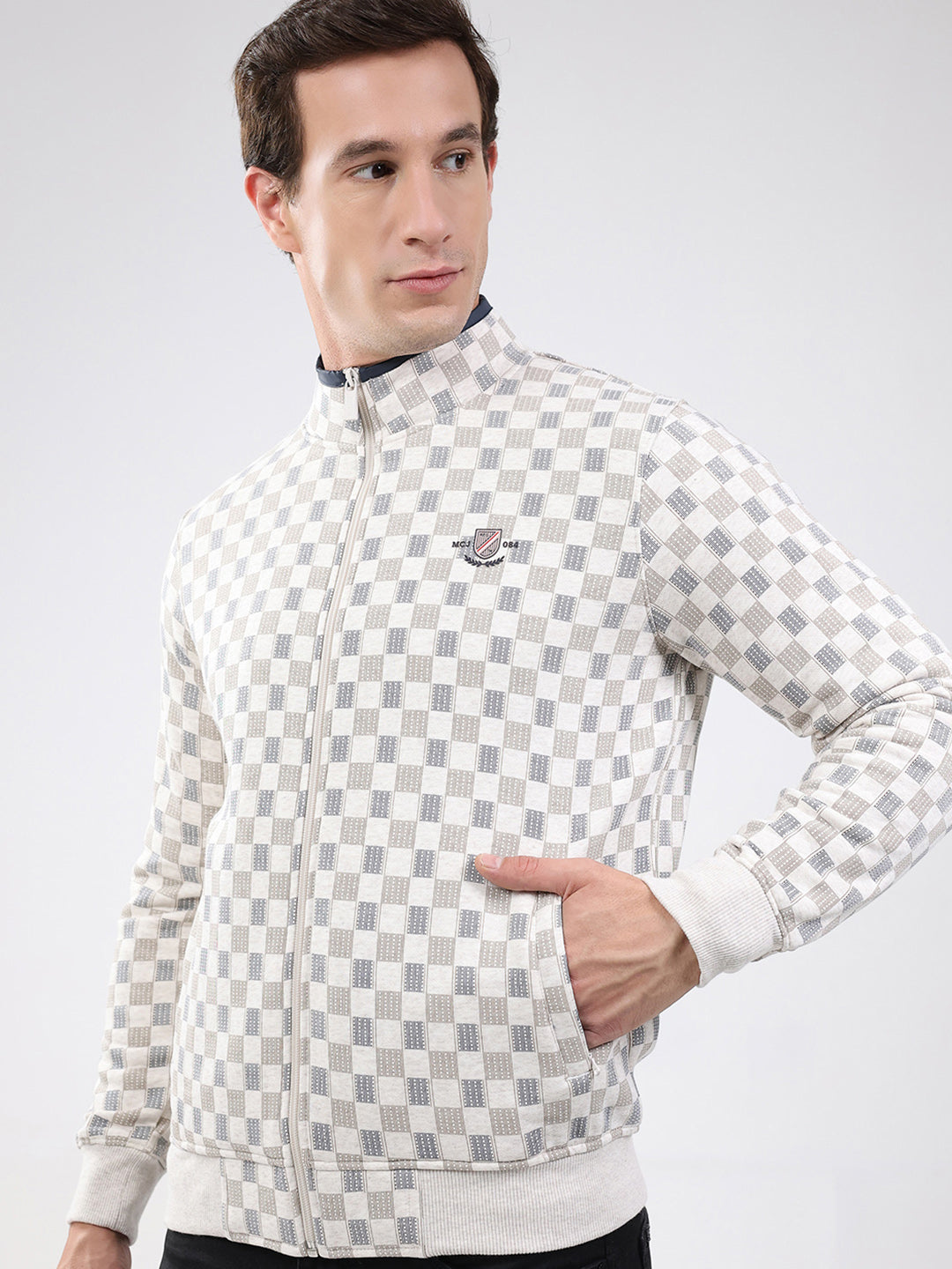 Men Beige Solid Band Neck Full Sleeve Sweatshirt