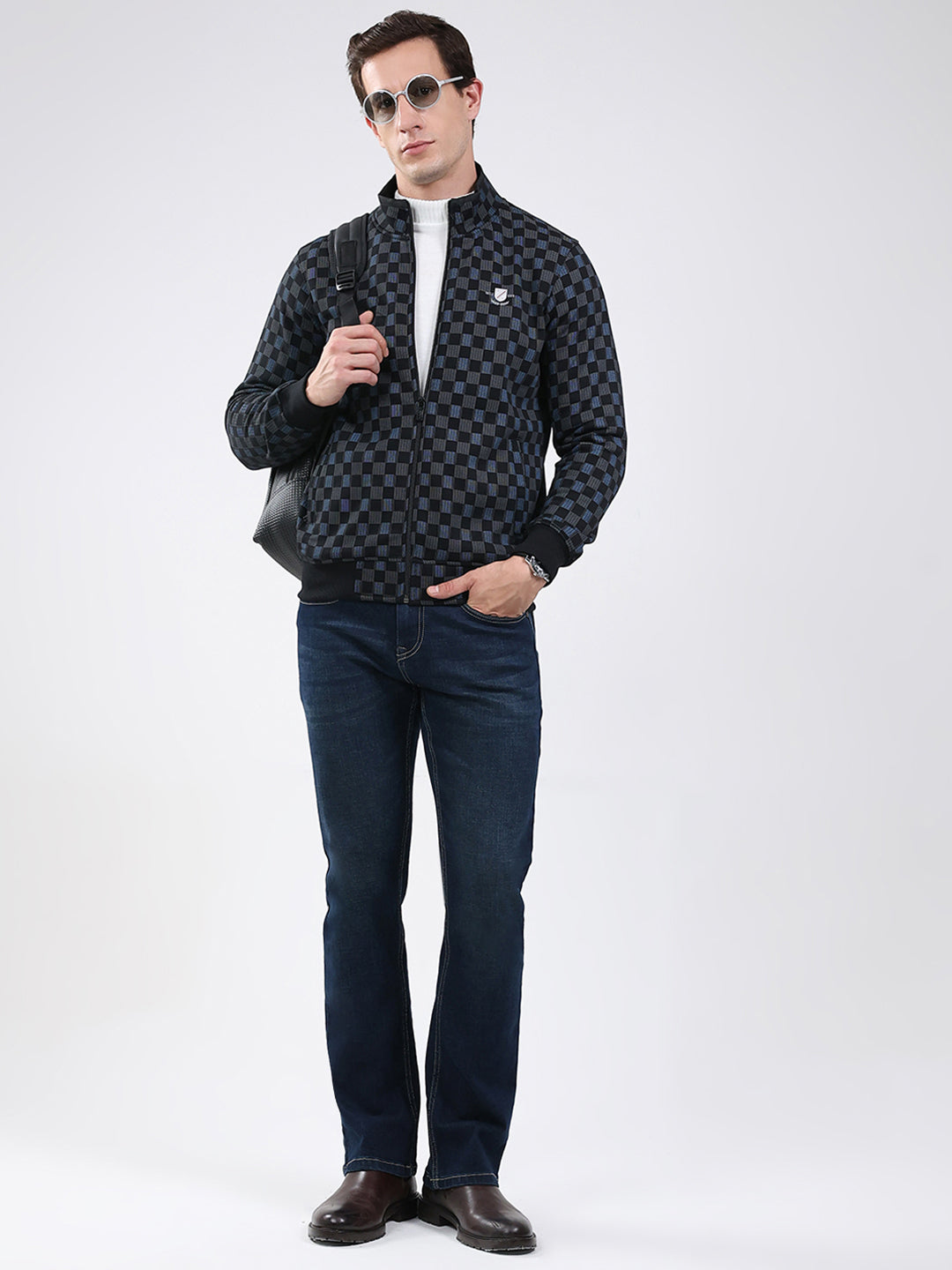 Men Black Solid Band Neck Full Sleeve Sweatshirt