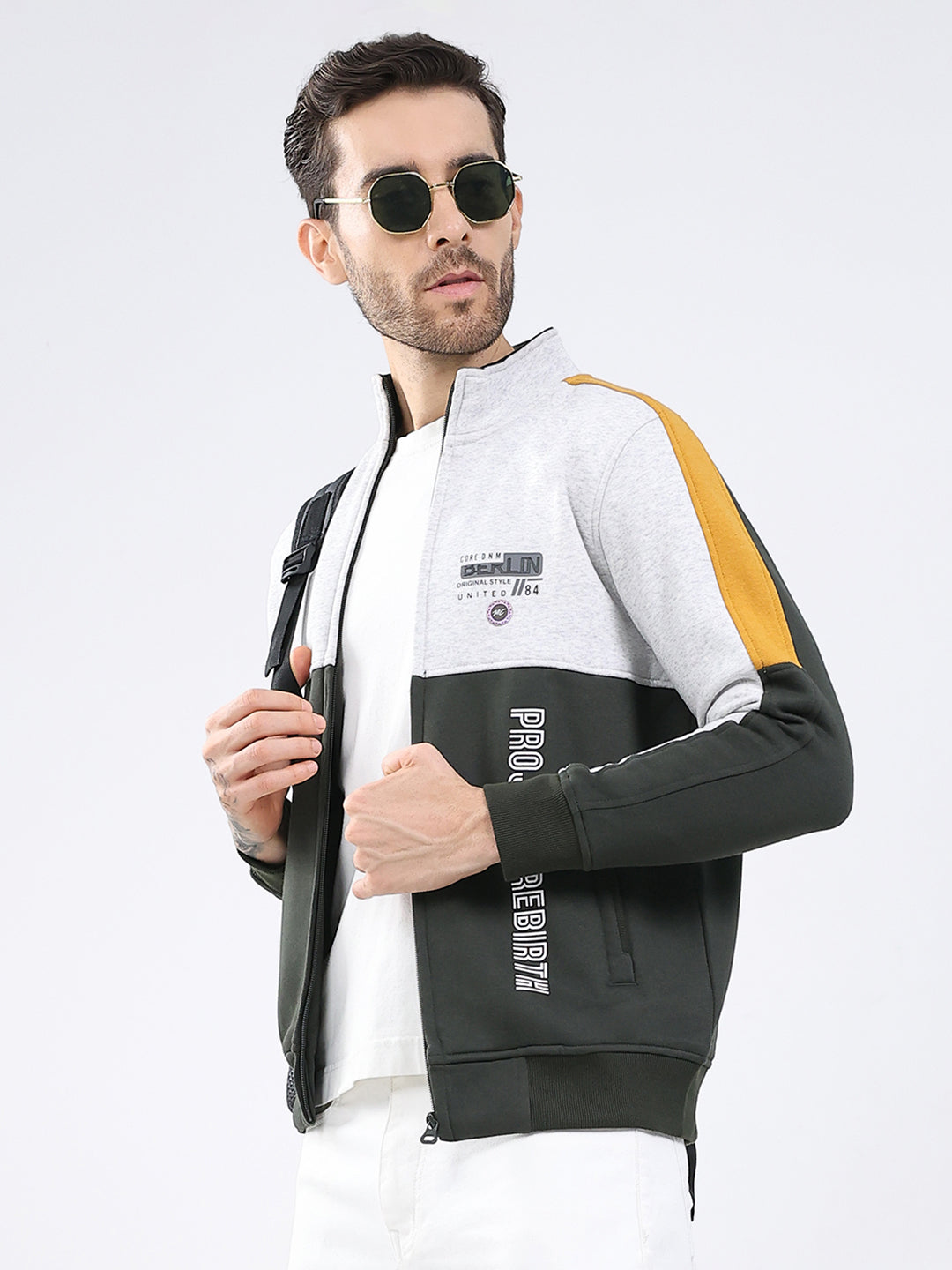 Men Olive Printed Mock Neck Full Sleeve Sweatshirt