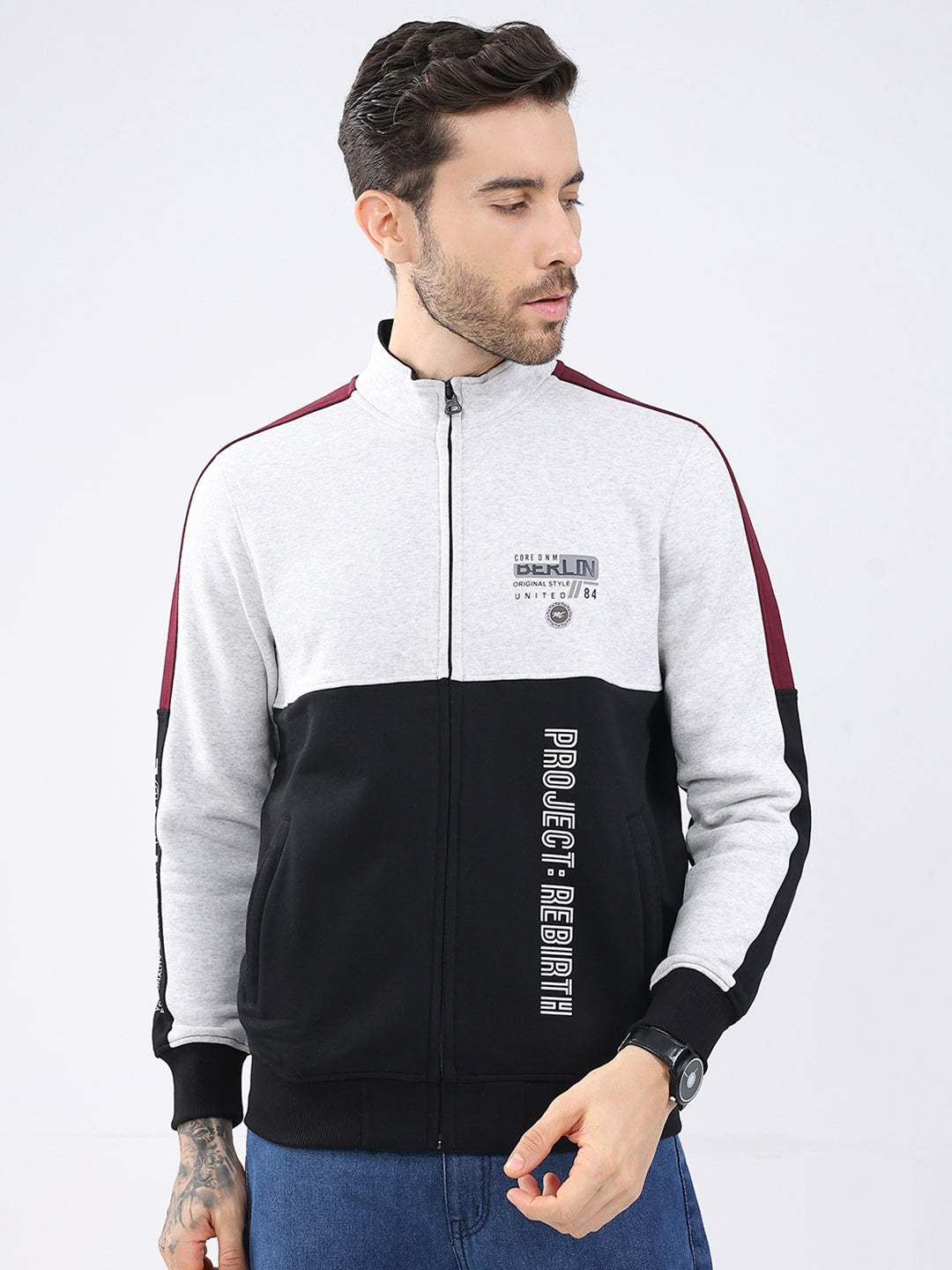 Men Black Printed Mock Neck Full Sleeve Sweatshirt