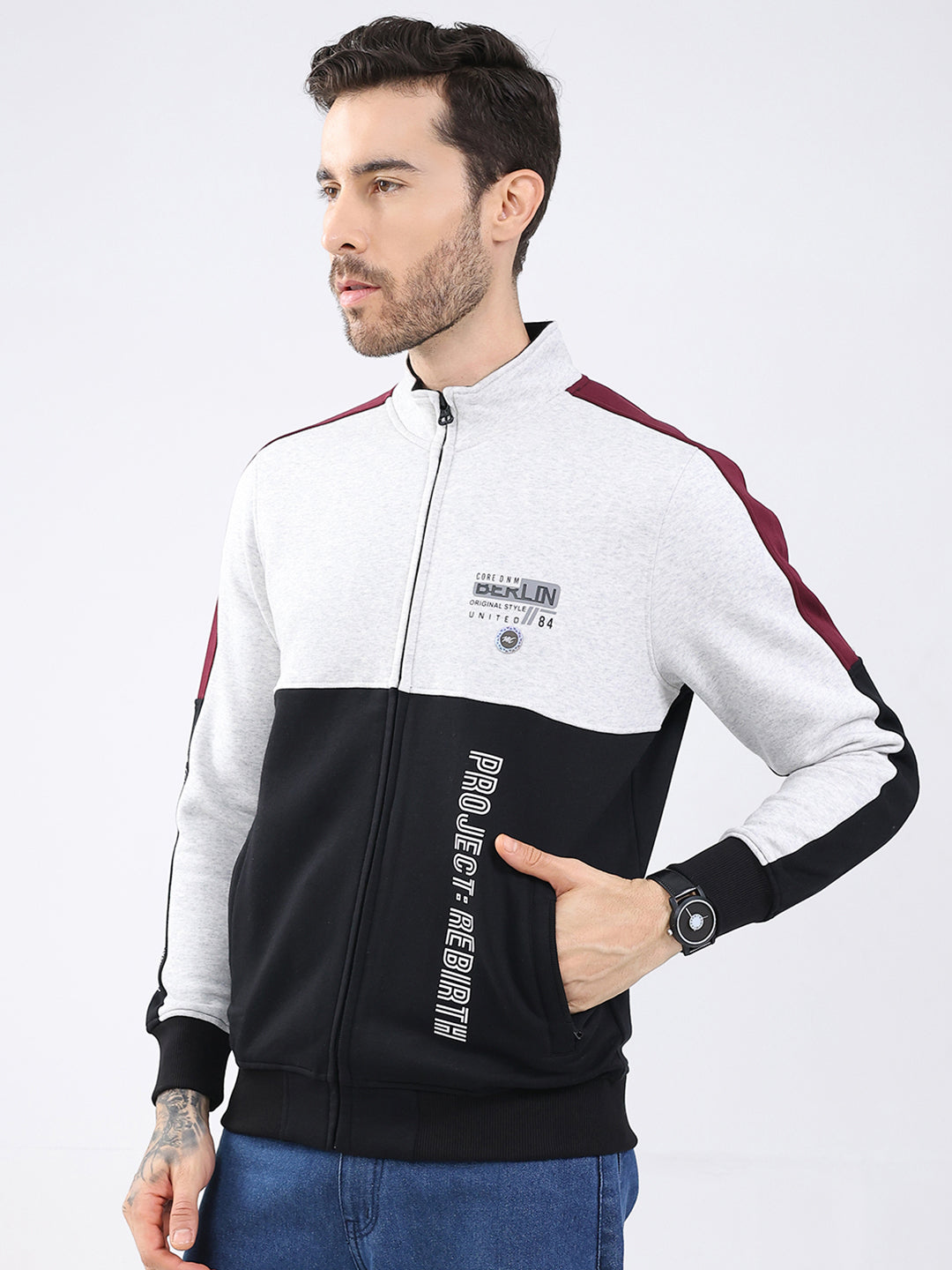 Men Black Printed Mock Neck Full Sleeve Sweatshirt