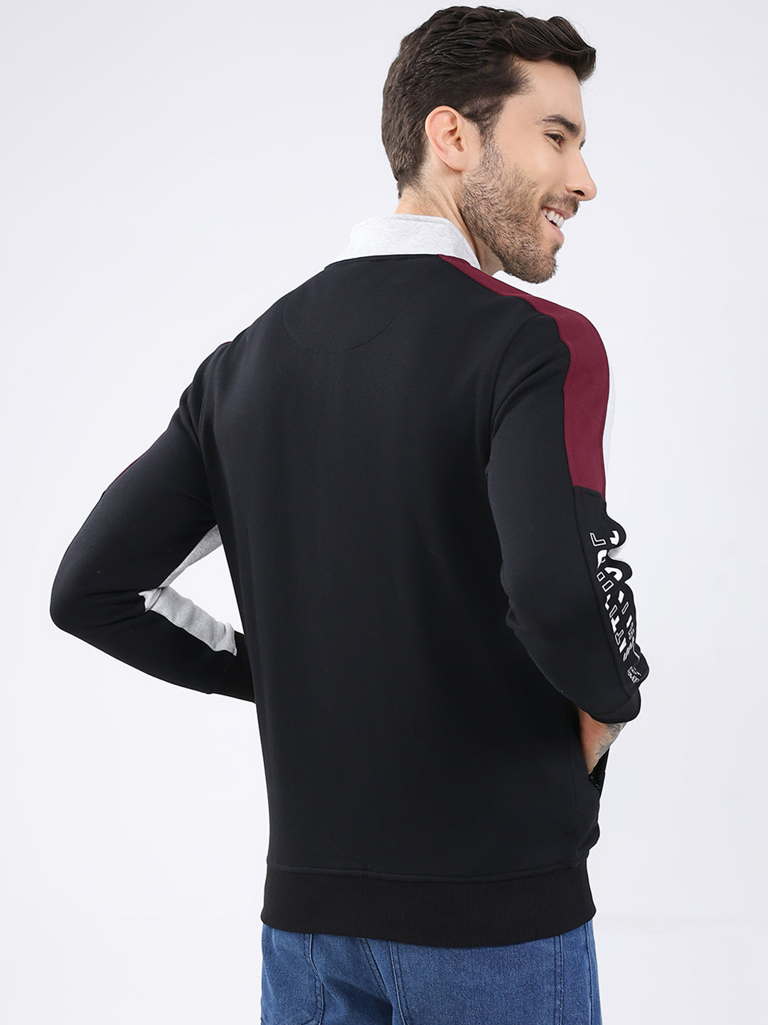 Men Black Printed Mock Neck Full Sleeve Sweatshirt