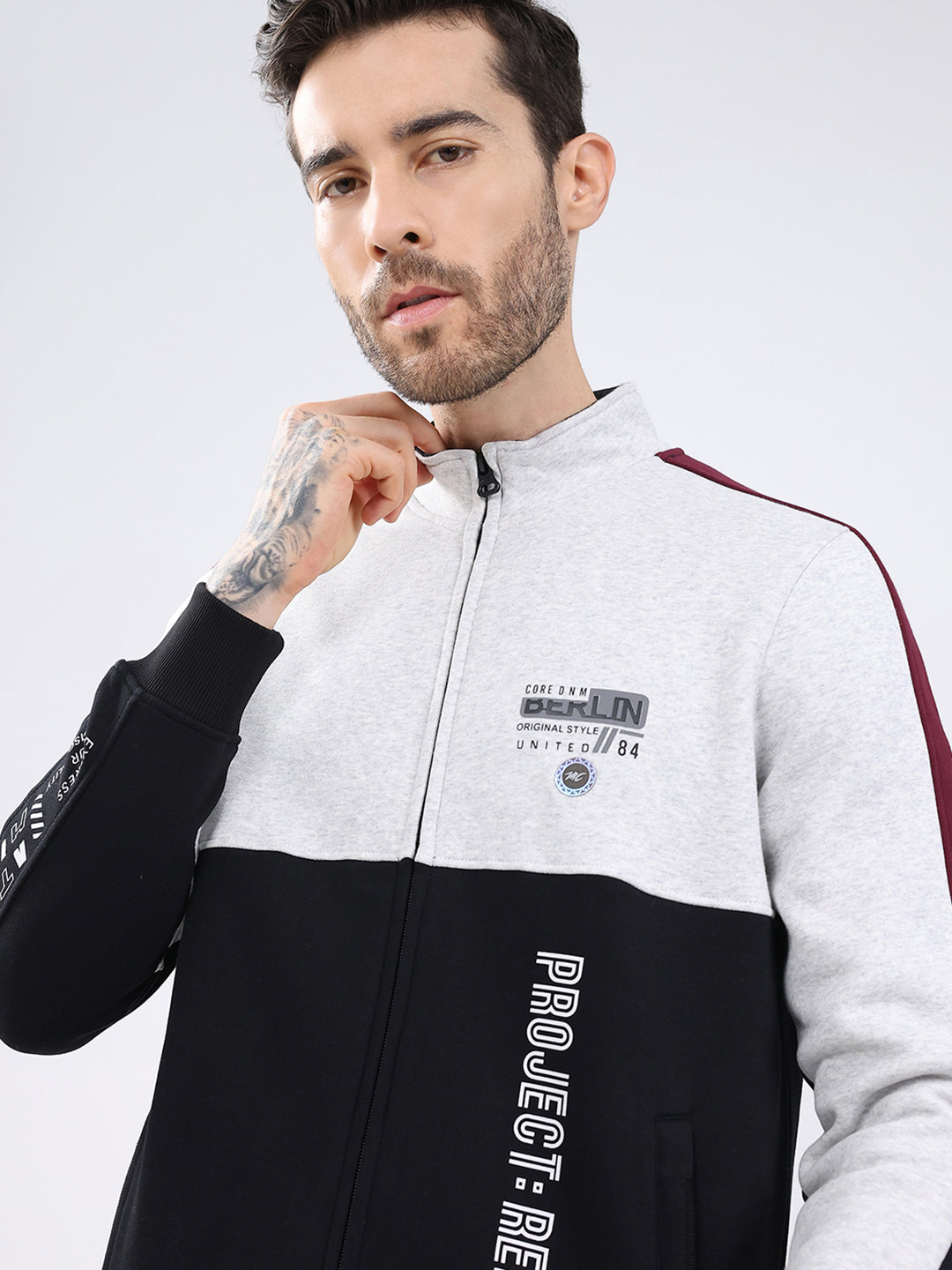 Men Black Printed Mock Neck Full Sleeve Sweatshirt