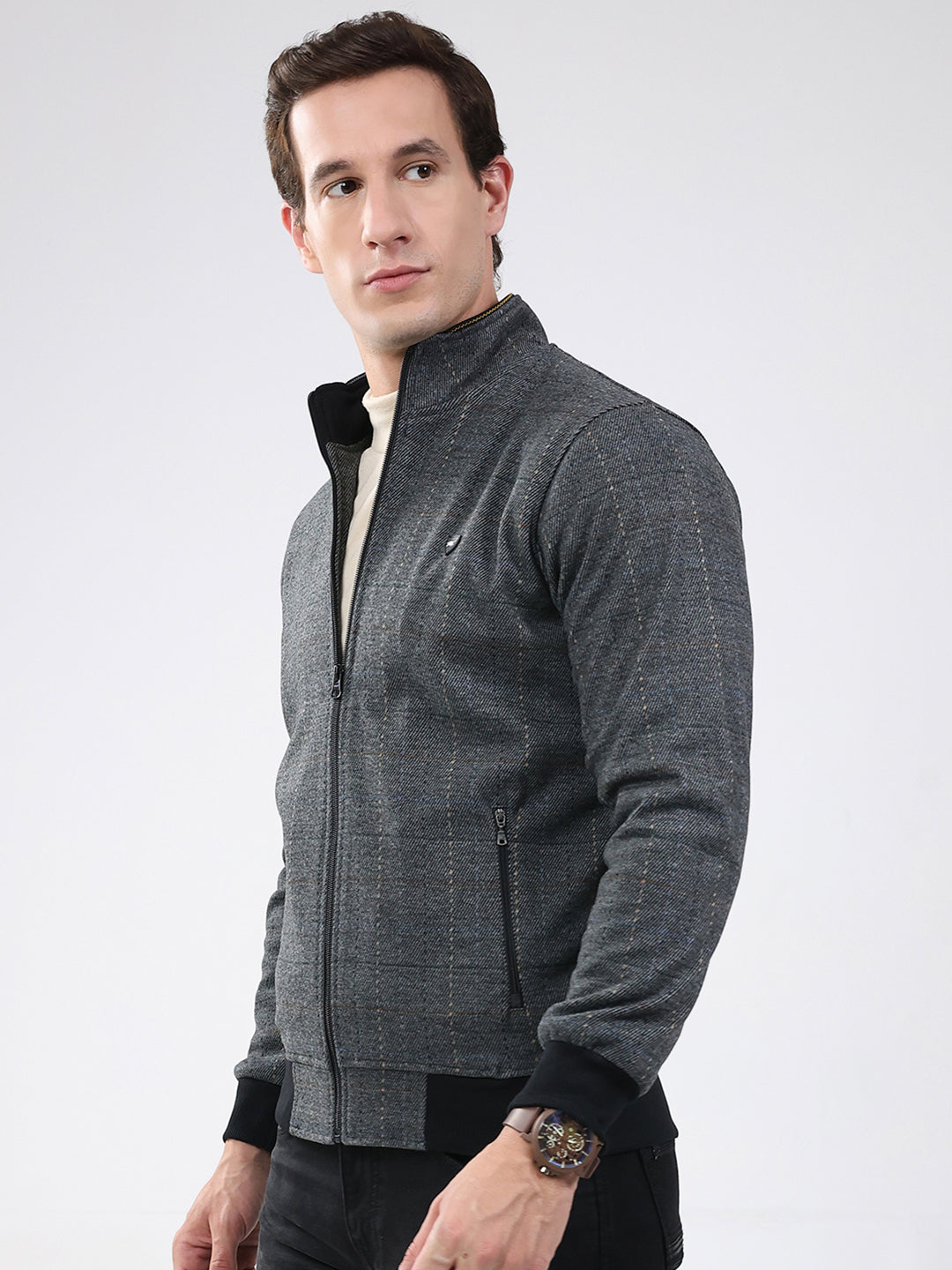 Men Black Solid Band Neck Full Sleeve Sweatshirt