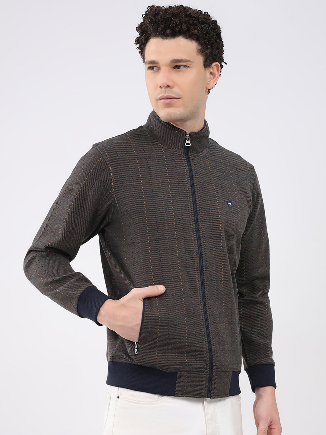 Men Navy Blue Self Design Collar Full Sleeve Sweatshirt