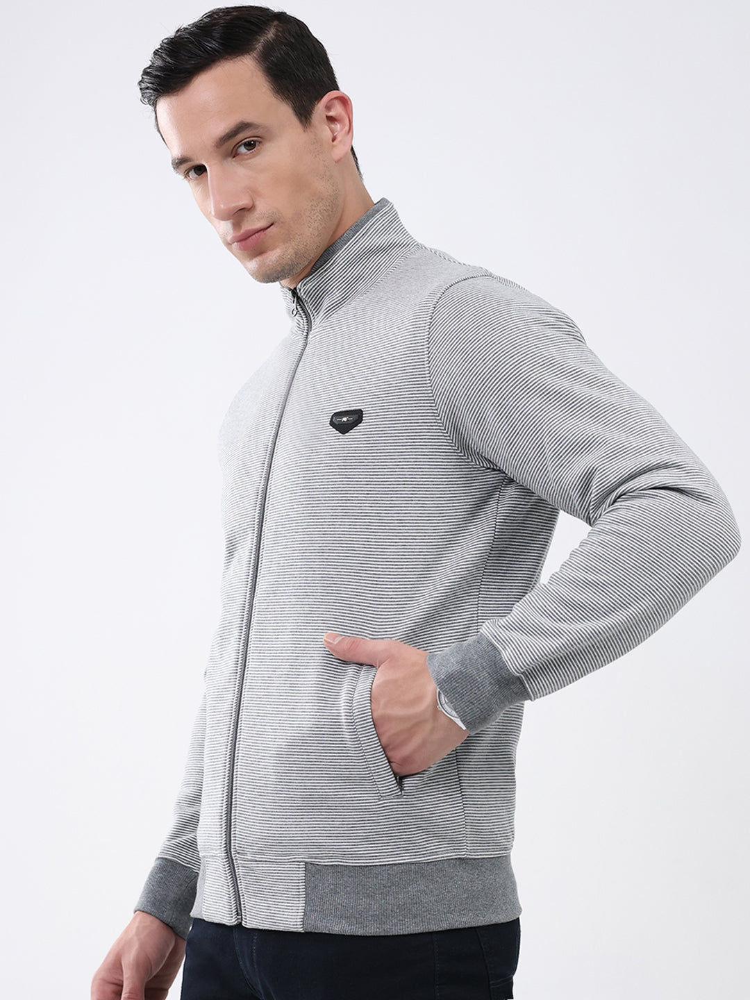 Men Grey Solid Mock Neck Full Sleeve Sweatshirt