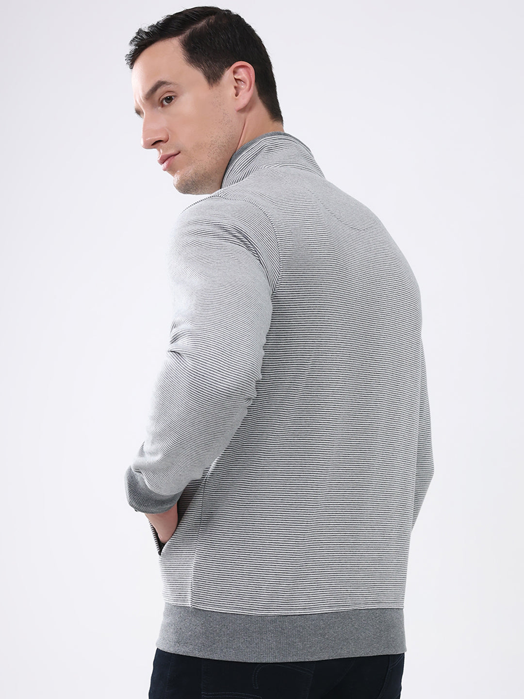 Men Grey Solid Mock Neck Full Sleeve Sweatshirt