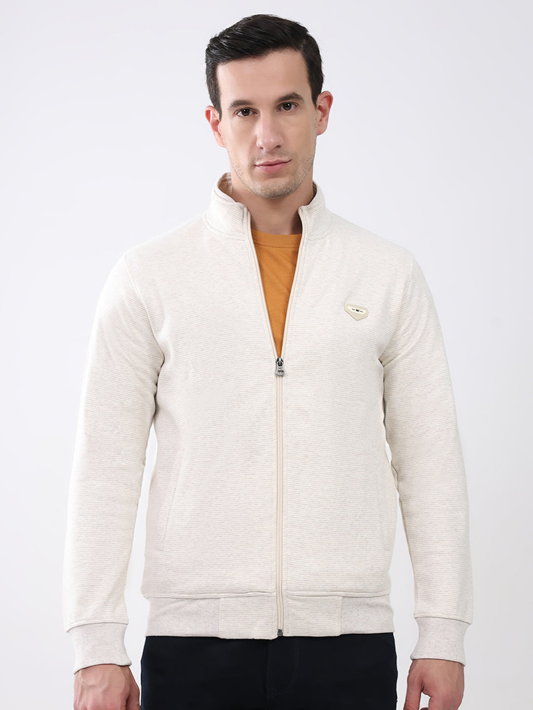 Men Off White Solid Mock Neck Full Sleeve Sweatshirt