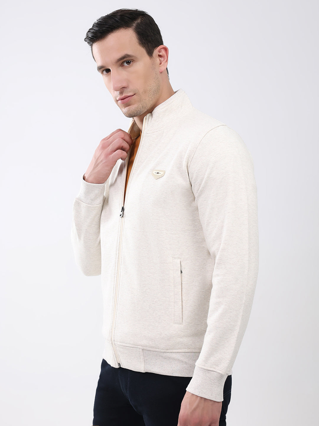 Men Off White Solid Mock Neck Full Sleeve Sweatshirt