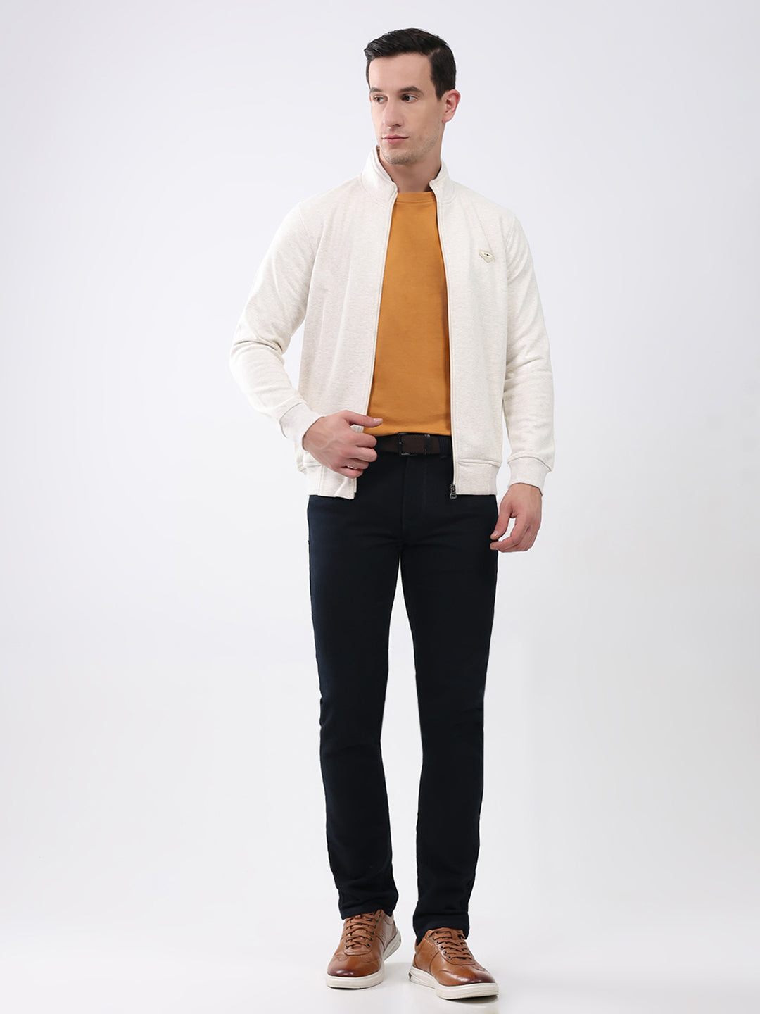 Men Off White Solid Mock Neck Full Sleeve Sweatshirt
