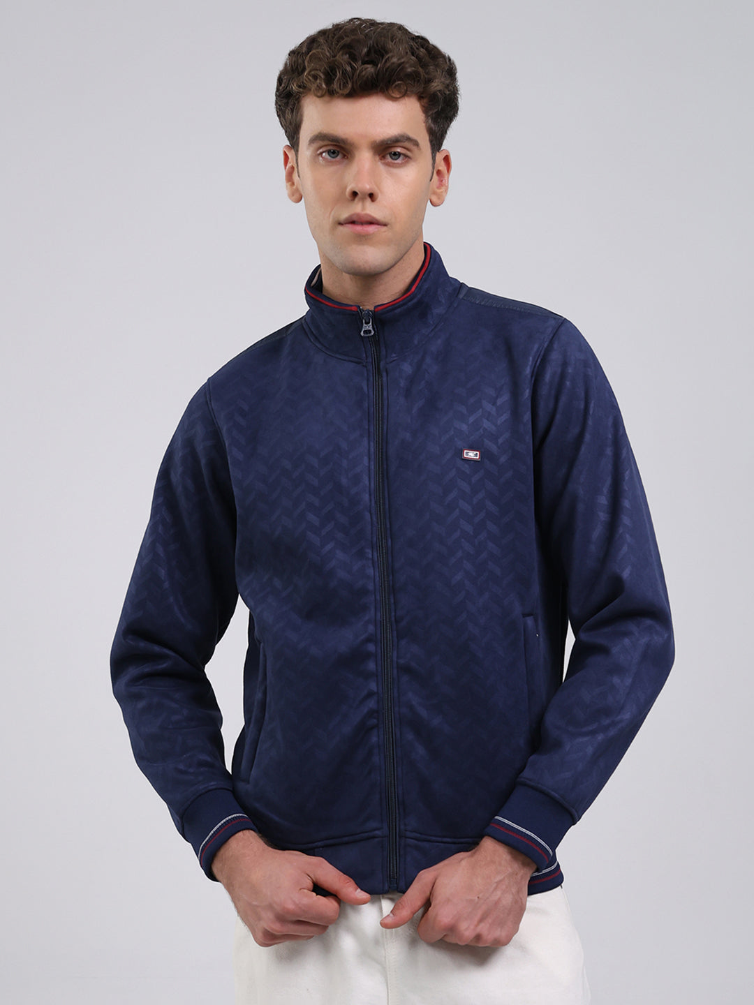 Men Blue Self Design Full Sleeve Sweatshirt with Jacket Vibe