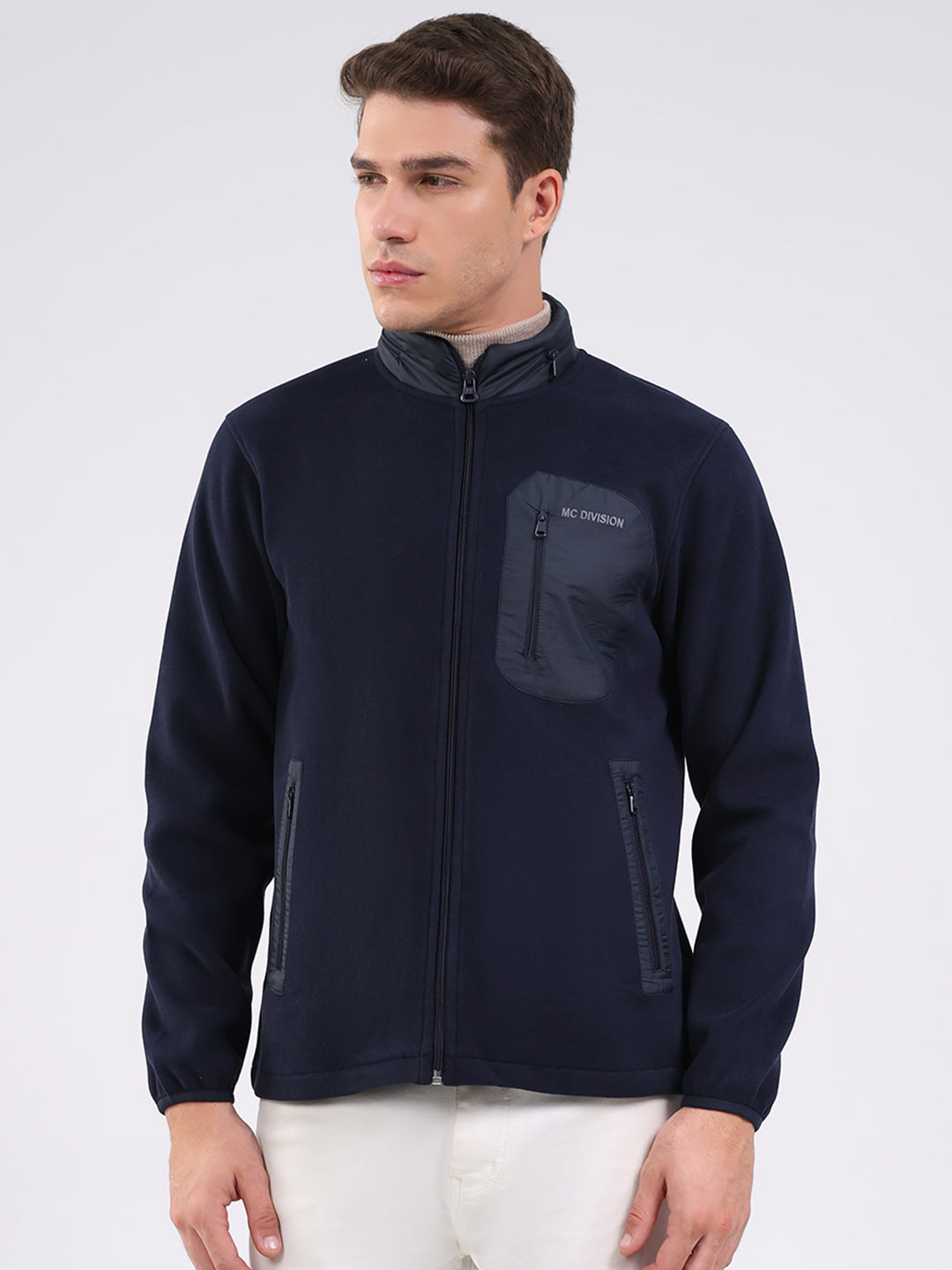 Men Navy Blue Self Design Mock Neck Full Sleeve Sweatshirt