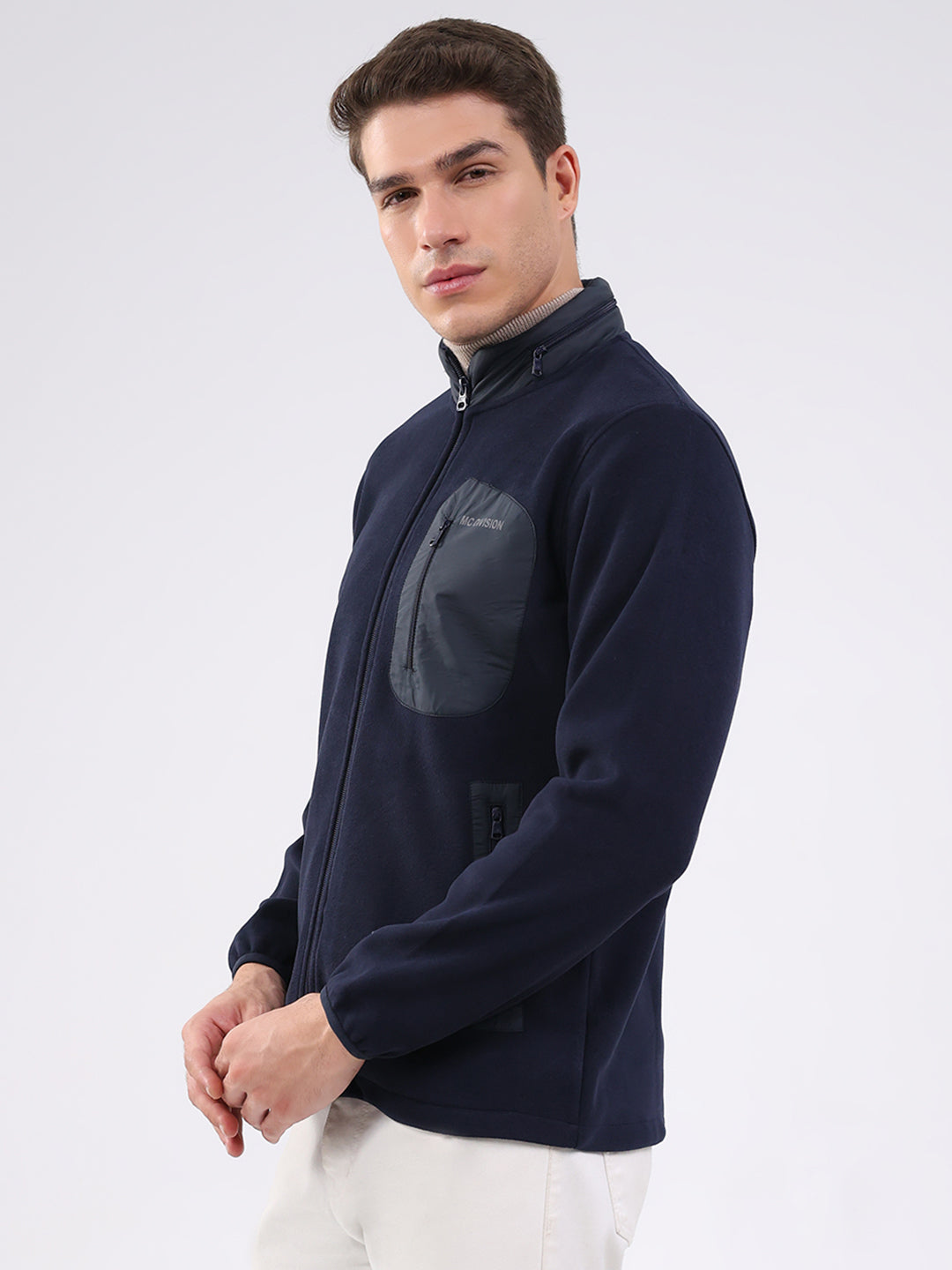 Men Navy Blue Self Design Mock Neck Full Sleeve Sweatshirt