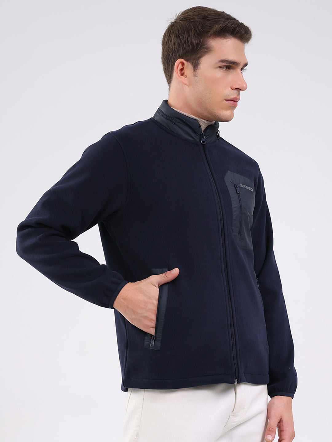 Men Navy Blue Self Design Mock Neck Full Sleeve Sweatshirt