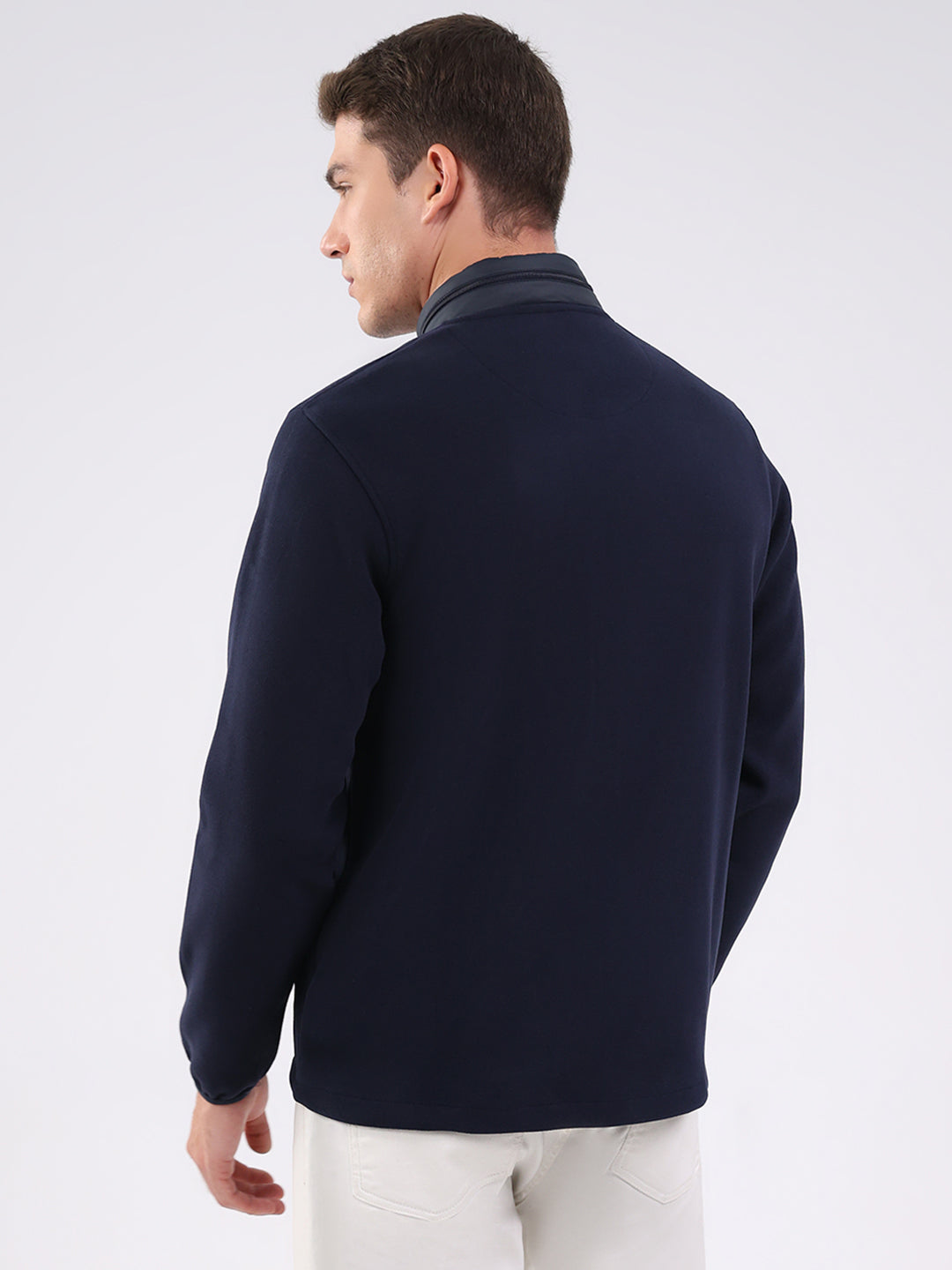 Men Navy Blue Self Design Mock Neck Full Sleeve Sweatshirt