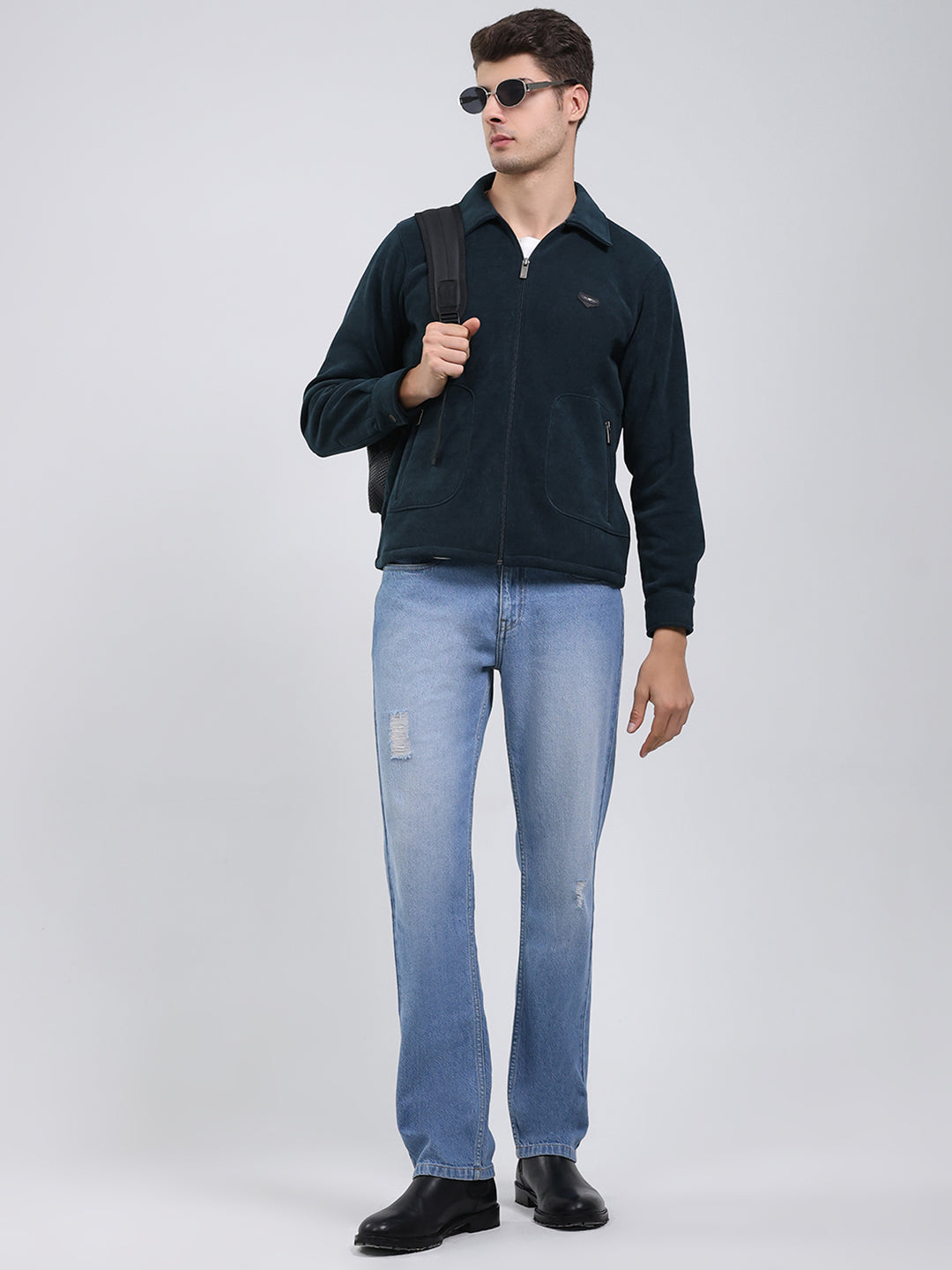 Men Bottle Green Self Design Collar Full Sleeve Sweatshirt