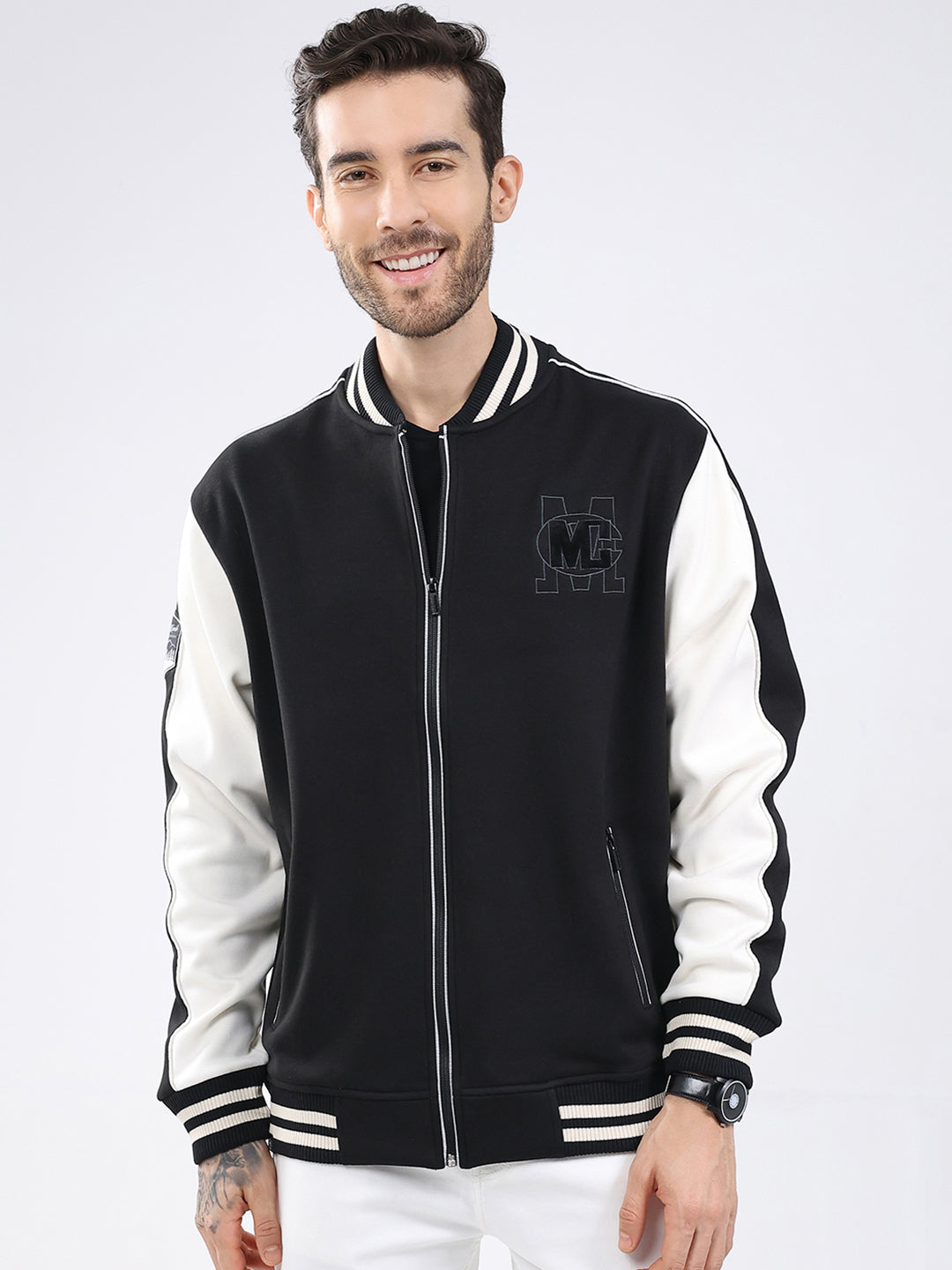 Men Black Self Design Round Neck Full Sleeve Sweatshirt