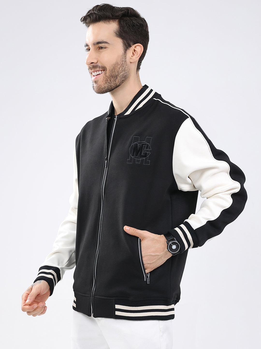 Men Black Self Design Round Neck Full Sleeve Sweatshirt