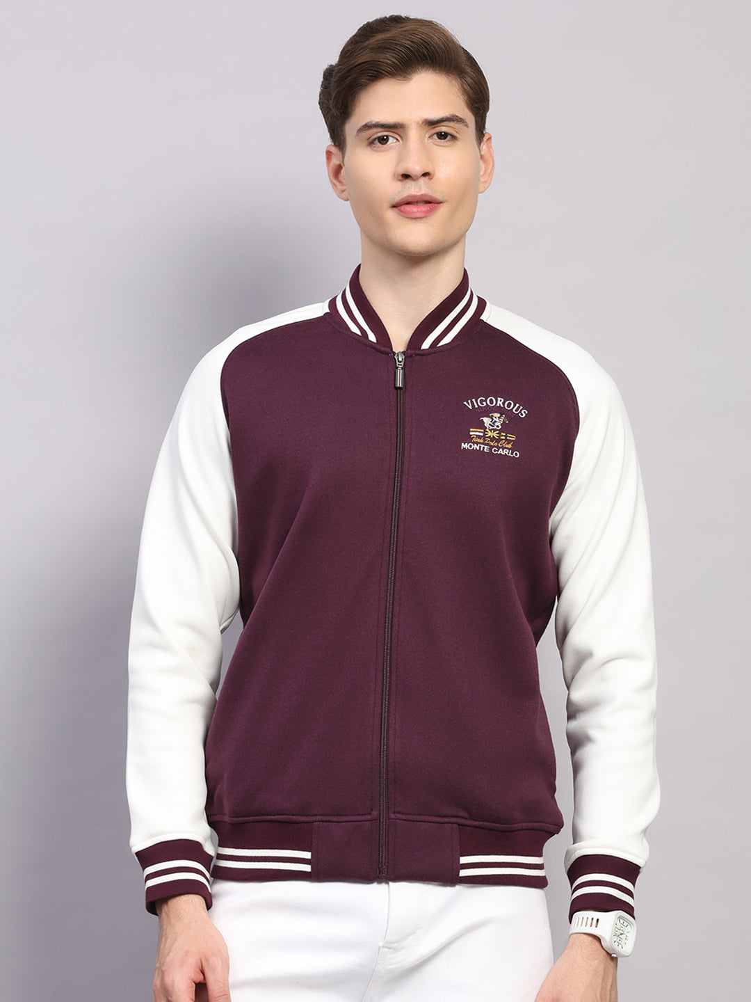 Men Maroon Self Design Ribbed Collar Full Sleeve Sweatshirt Varsity Collection
