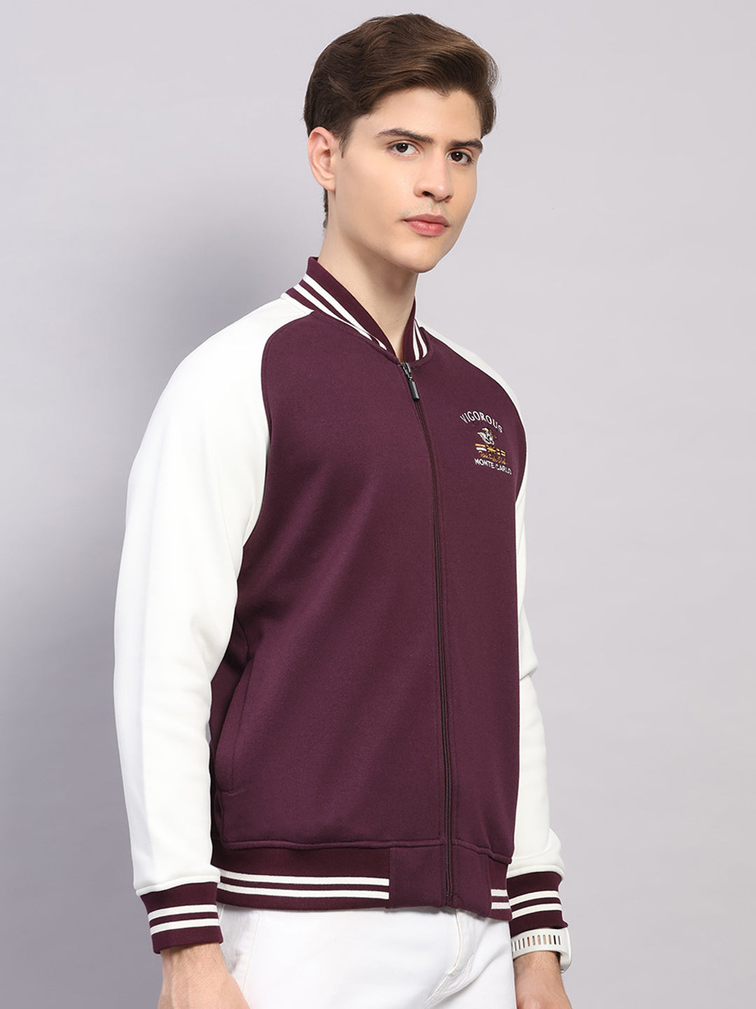 Men Maroon Self Design Ribbed Collar Full Sleeve Sweatshirt Varsity Collection