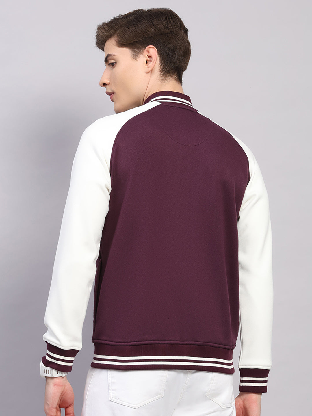 Men Maroon Self Design Ribbed Collar Full Sleeve Sweatshirt Varsity Collection