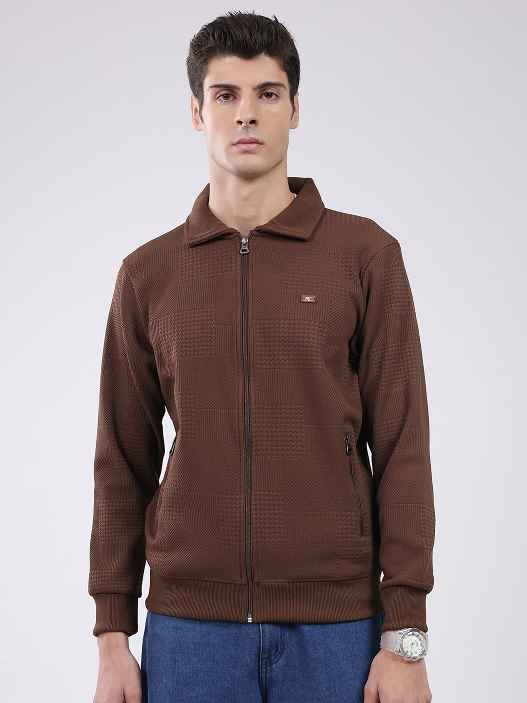 Men Brown Ultra-Warm Self-Design Sweatshirt (Anti-Pilling Fabric)