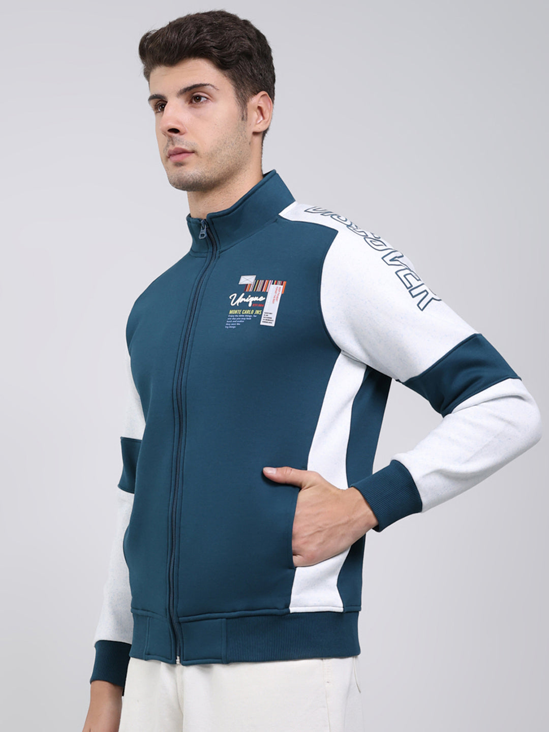 Men Teal Blue Solid Mock Neck Full Sleeve Sweatshirt