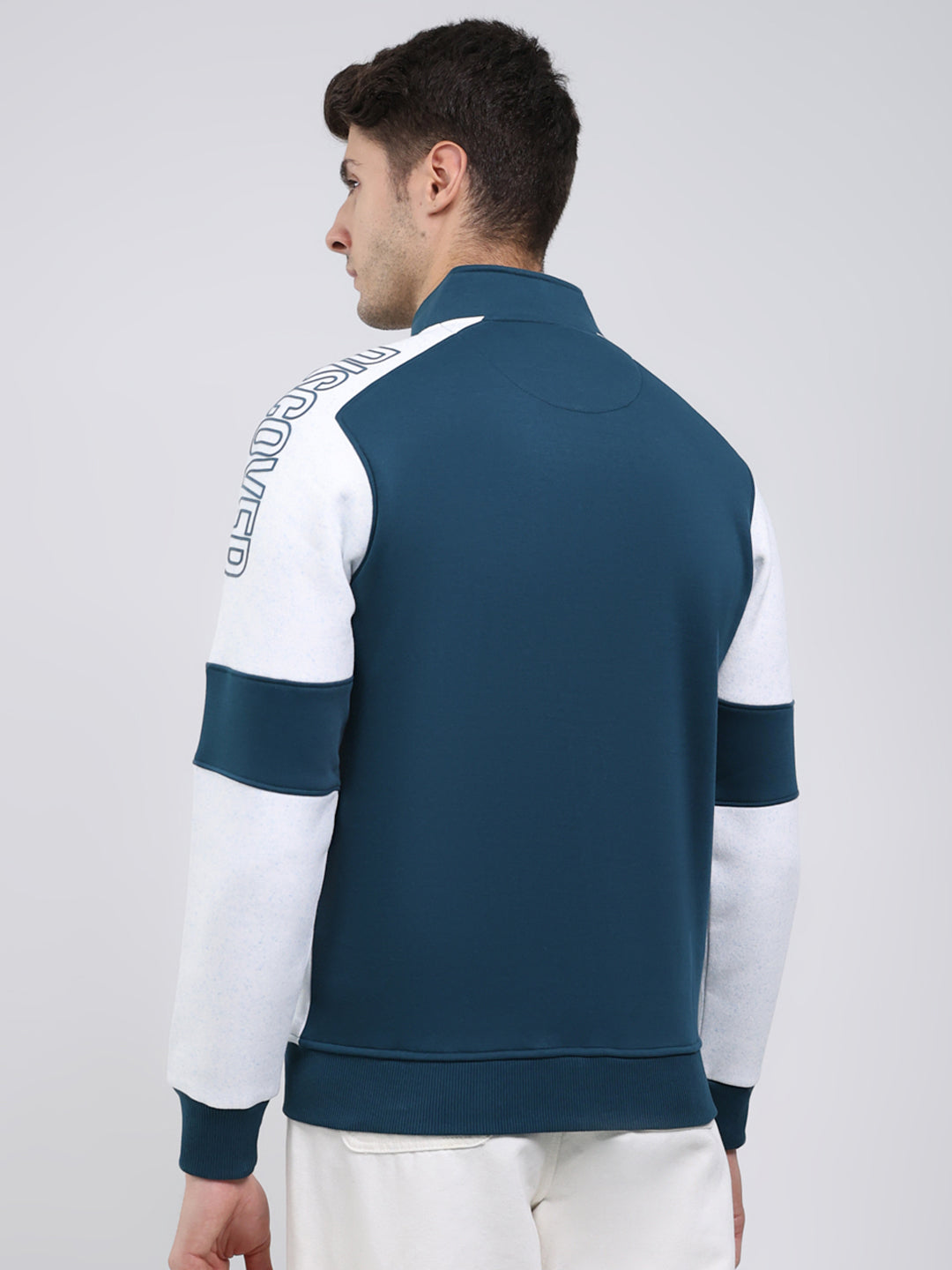 Men Teal Blue Solid Mock Neck Full Sleeve Sweatshirt