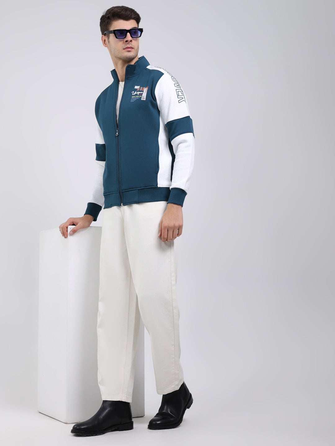 Men Teal Blue Solid Mock Neck Full Sleeve Sweatshirt