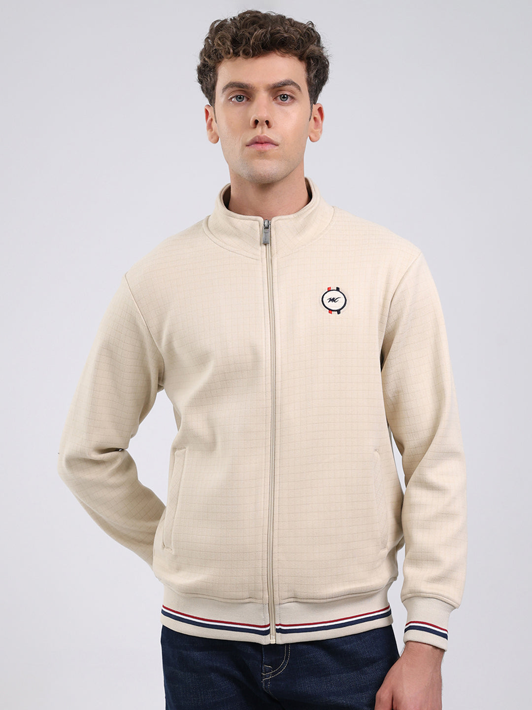 Men Beige Self Design Ultra Warm Collar Sweatshirt - Anti-Pilling Fabric